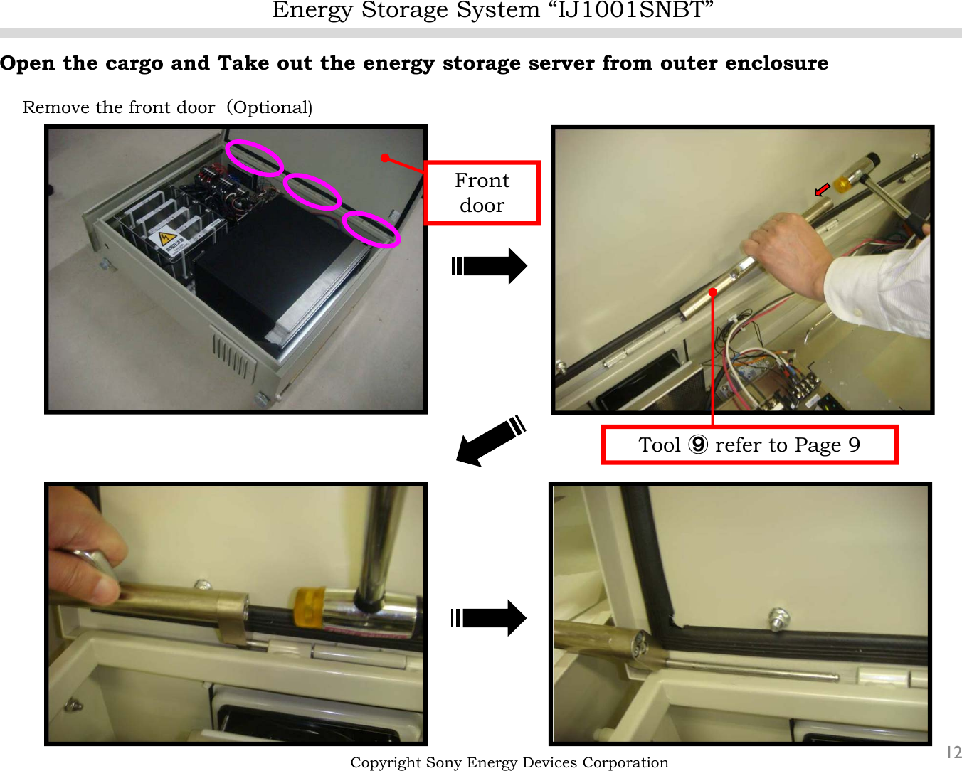 Energy Storage System “IJ1001SNBT”12Open the cargo and Take out the energy storage server from outer enclosureRemove the front door（Optional)Copyright Sony Energy Devices CorporationTool ⑨refer to Page 9Front door