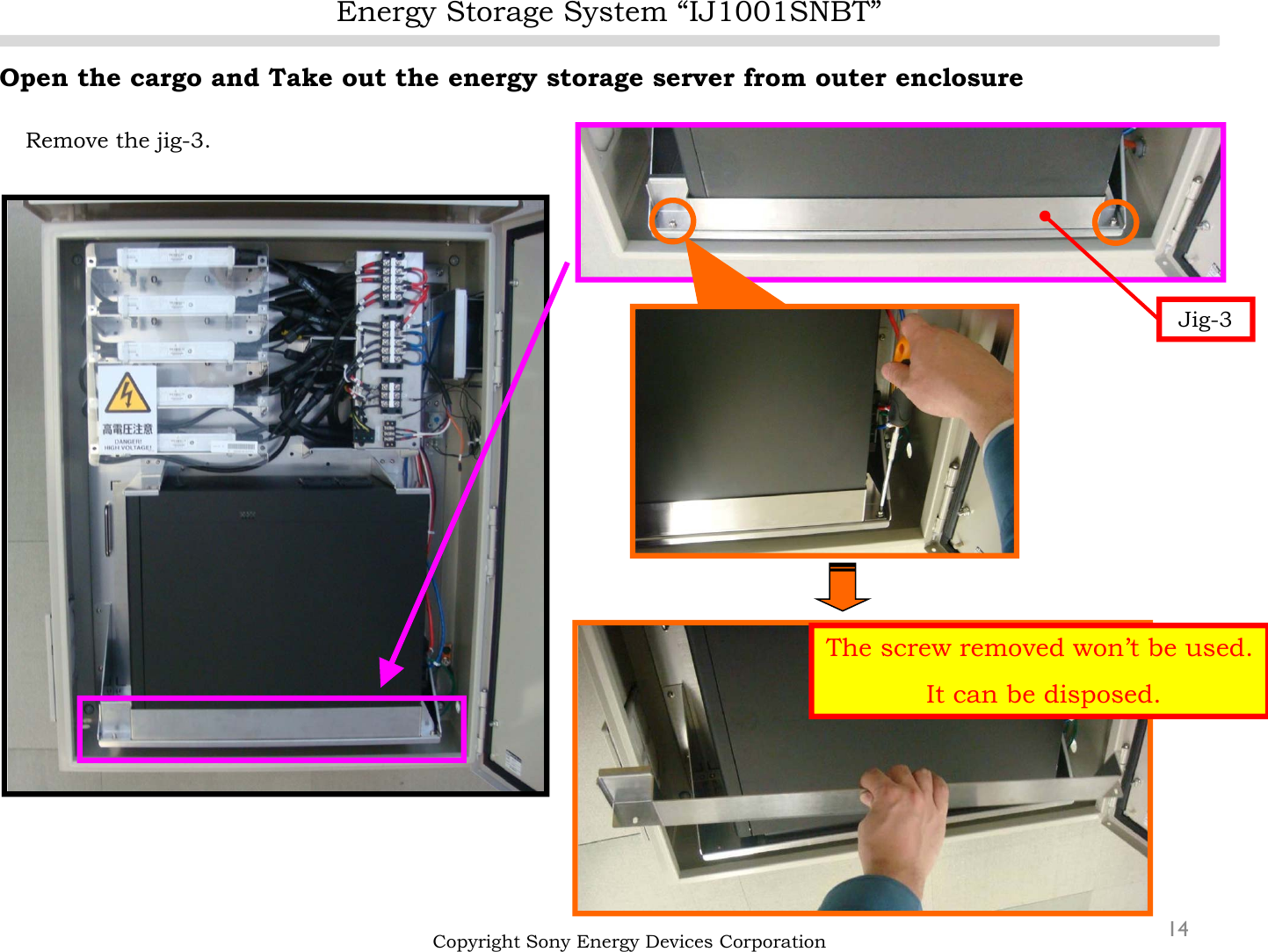 Energy Storage System “IJ1001SNBT”14Open the cargo and Take out the energy storage server from outer enclosureRemove the jig-3.Copyright Sony Energy Devices CorporationJig-3The screw removed won’t be used.It can be disposed.