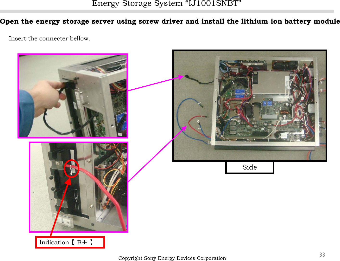 Energy Storage System “IJ1001SNBT”33Open the energy storage server using screw driver and install the lithium ion battery moduleInsert the connecter bellow.Copyright Sony Energy Devices CorporationSideIndication【B＋】