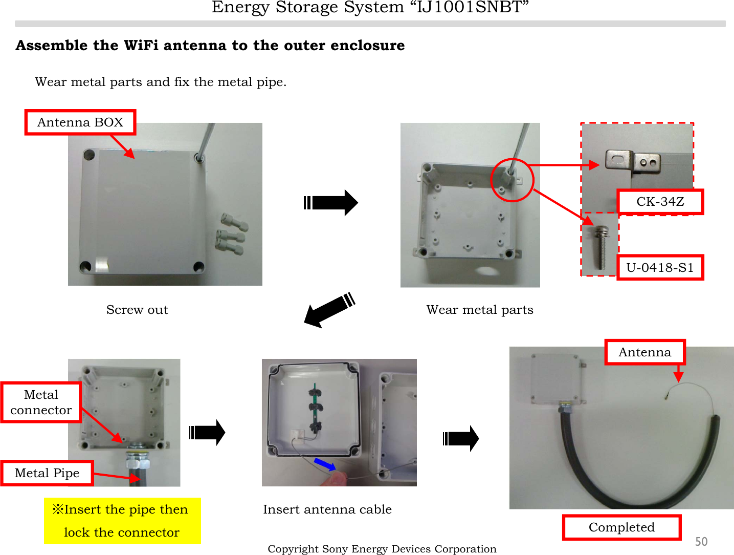 CompletedEnergy Storage System “IJ1001SNBT”50Assemble the WiFi antenna to the outer enclosureWear metal parts and fix the metal pipe.Copyright Sony Energy Devices CorporationAntenna※Insert the pipe then lock the connectorAntenna BOXScrew out Wear metal partsCK-34ZU-0418-S1Metal connectorMetal PipeInsert antenna cable