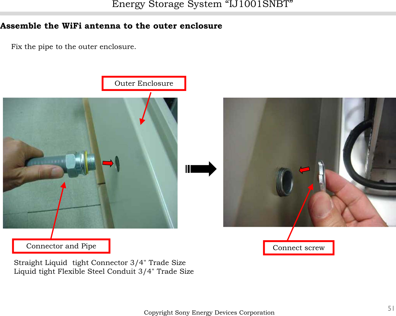 Energy Storage System “IJ1001SNBT”51Assemble the WiFi antenna to the outer enclosureFix the pipe to the outer enclosure.Copyright Sony Energy Devices CorporationConnector and Pipe Connect screwOuter EnclosureStraight Liquid tight Connector 3/4&quot; Trade Size Liquid tight Flexible Steel Conduit 3/4&quot; Trade Size 