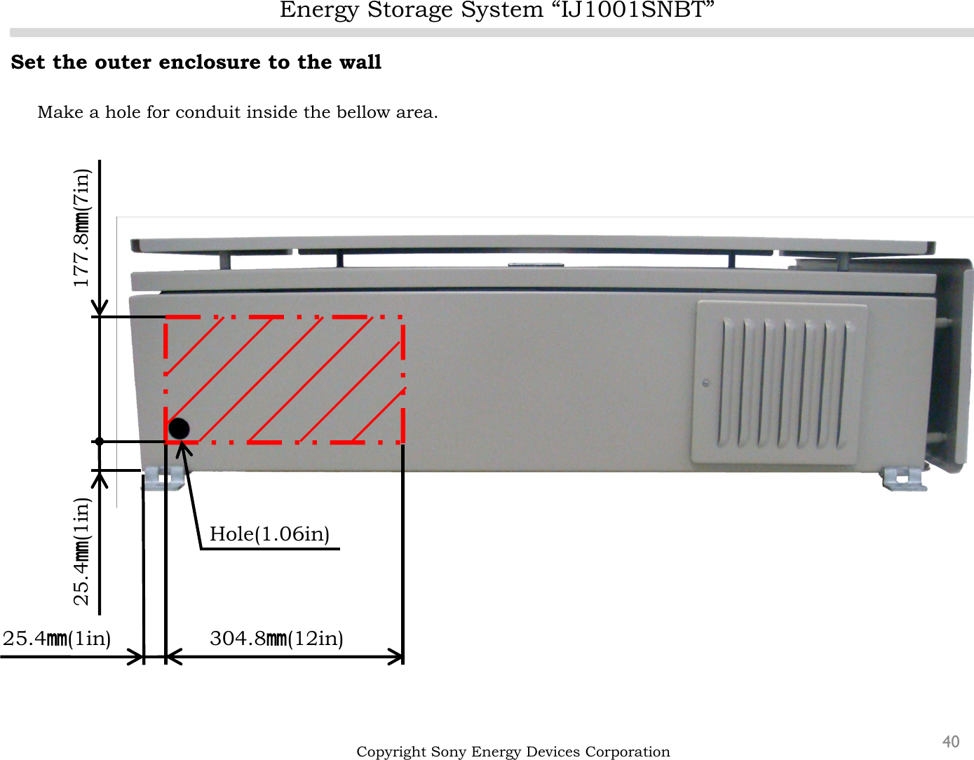 Energy Storage System “IJ1001SNBT”40Set the outer enclosure to the wallMake a hole for conduit inside the bellow area.Copyright Sony Energy Devices Corporation177.8㎜(7in)25.4㎜(1in)25.4㎜(1in) 304.8㎜(12in)Hole(1.06in)
