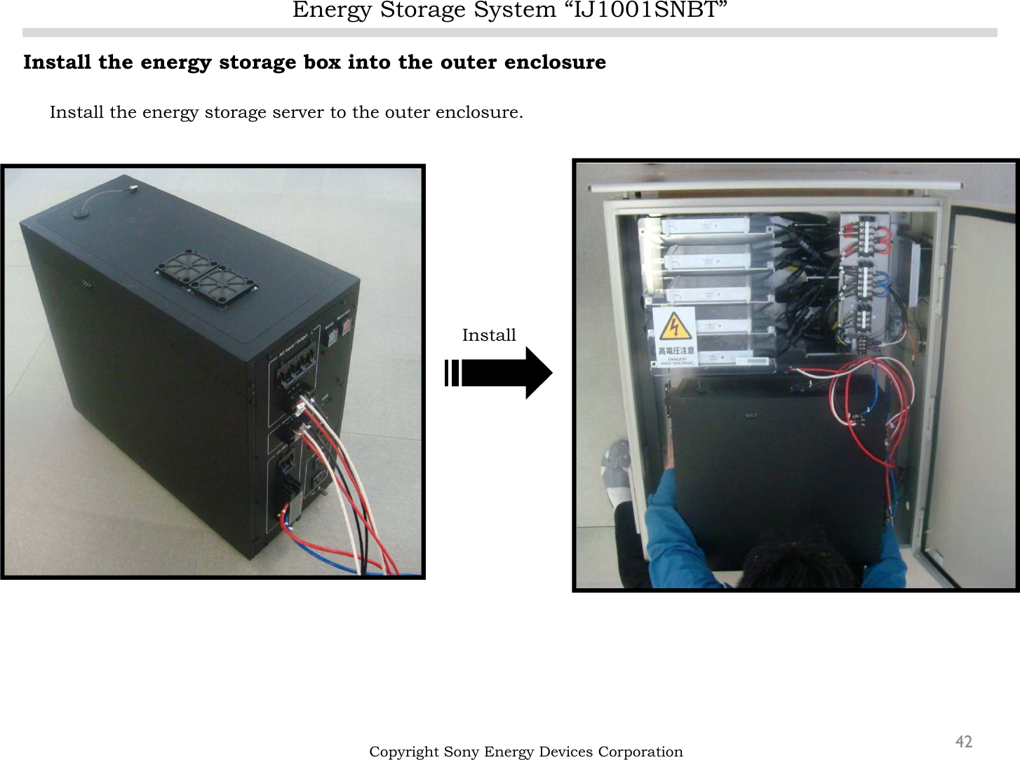 Energy Storage System “IJ1001SNBT”42Install the energy storage box into the outer enclosureInstall the energy storage server to the outer enclosure.Copyright Sony Energy Devices CorporationInstall