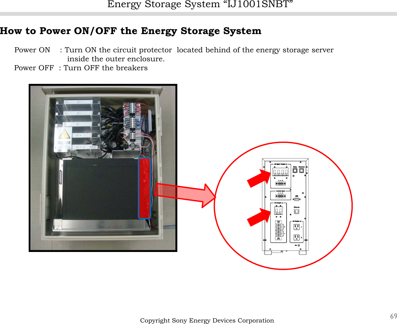 Energy Storage System “IJ1001SNBT”69Copyright Sony Energy Devices CorporationHow to Power ON/OFF the Energy Storage SystemPower ON    : Turn ON the circuit protector  located behind of the energy storage server inside the outer enclosure.Power OFF  : Turn OFF the breakers 