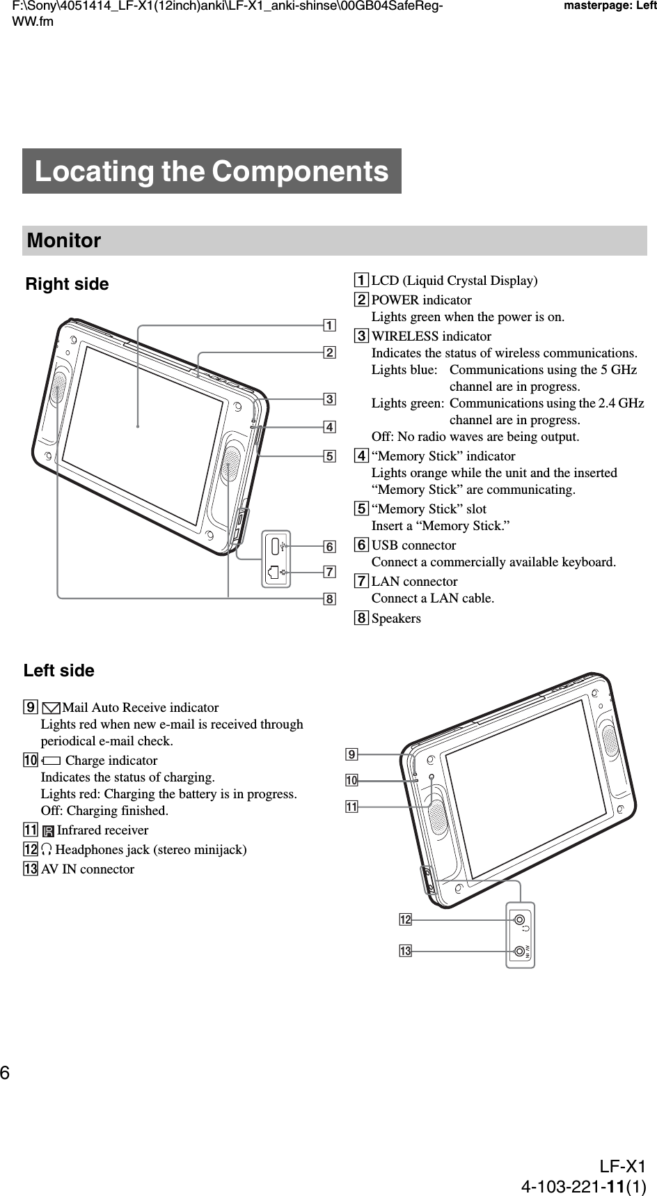 F:\Sony\4051414_LF-X1(12inch)anki\LF-X1_anki-shinse\00GB04SafeReg-WW.fmmasterpage: LeftLF-X14-103-221-11(1)6Locating the ComponentsMonitor1LCD (Liquid Crystal Display)2POWER indicatorLights green when the power is on.3WIRELESS indicatorIndicates the status of wireless communications.Lights blue:  Communications using the 5 GHz channel are in progress.Lights green:  Communications using the 2.4 GHz channel are in progress.Off: No radio waves are being output.4“Memory Stick” indicatorLights orange while the unit and the inserted “Memory Stick” are communicating.5“Memory Stick” slotInsert a “Memory Stick.”6USB connectorConnect a commercially available keyboard.7LAN connectorConnect a LAN cable.8Speakers9Mail Auto Receive indicatorLights red when new e-mail is received through periodical e-mail check.0e Charge indicatorIndicates the status of charging.Lights red: Charging the battery is in progress.Off: Charging finished.qa Infrared receiverqsi Headphones jack (stereo minijack)qdAV IN connector12345678Right sideLeft side90qaqsqd