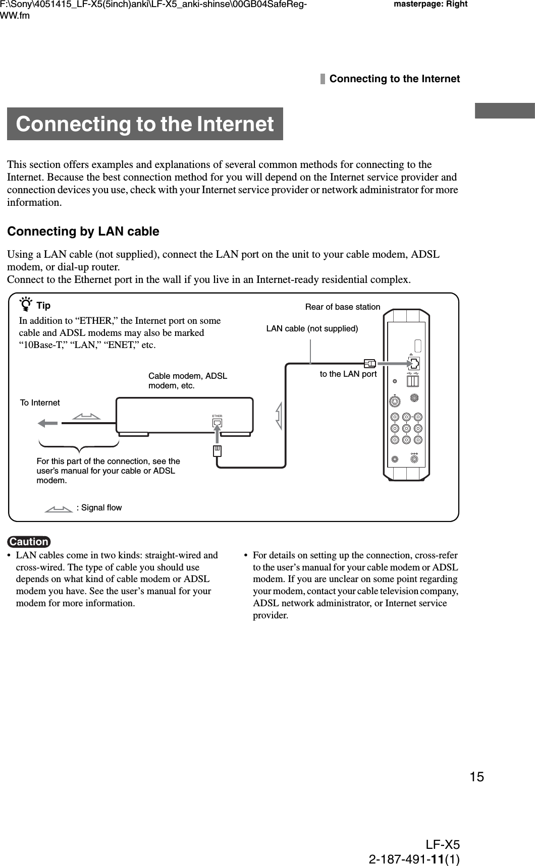 F:\Sony\4051415_LF-X5(5inch)anki\LF-X5_anki-shinse\00GB04SafeReg-WW.fmmasterpage: RightLF-X52-187-491-11(1)15Connecting to the InternetThis section offers examples and explanations of several common methods for connecting to the Internet. Because the best connection method for you will depend on the Internet service provider and connection devices you use, check with your Internet service provider or network administrator for more information.Connecting by LAN cableUsing a LAN cable (not supplied), connect the LAN port on the unit to your cable modem, ADSL modem, or dial-up router.Connect to the Ethernet port in the wall if you live in an Internet-ready residential complex.Caution• LAN cables come in two kinds: straight-wired and cross-wired. The type of cable you should use depends on what kind of cable modem or ADSL modem you have. See the user’s manual for your modem for more information.• For details on setting up the connection, cross-refer to the user’s manual for your cable modem or ADSL modem. If you are unclear on some point regarding your modem, contact your cable television company, ADSL network administrator, or Internet service provider.Connecting to the Internetz TipIn addition to “ETHER,” the Internet port on some cable and ADSL modems may also be marked “10Base-T,” “LAN,” “ENET,” etc.to the LAN portLAN cable (not supplied)Cable modem, ADSL modem, etc.To InternetFor this part of the connection, see the user’s manual for your cable or ADSL modem.: Signal flowRear of base station