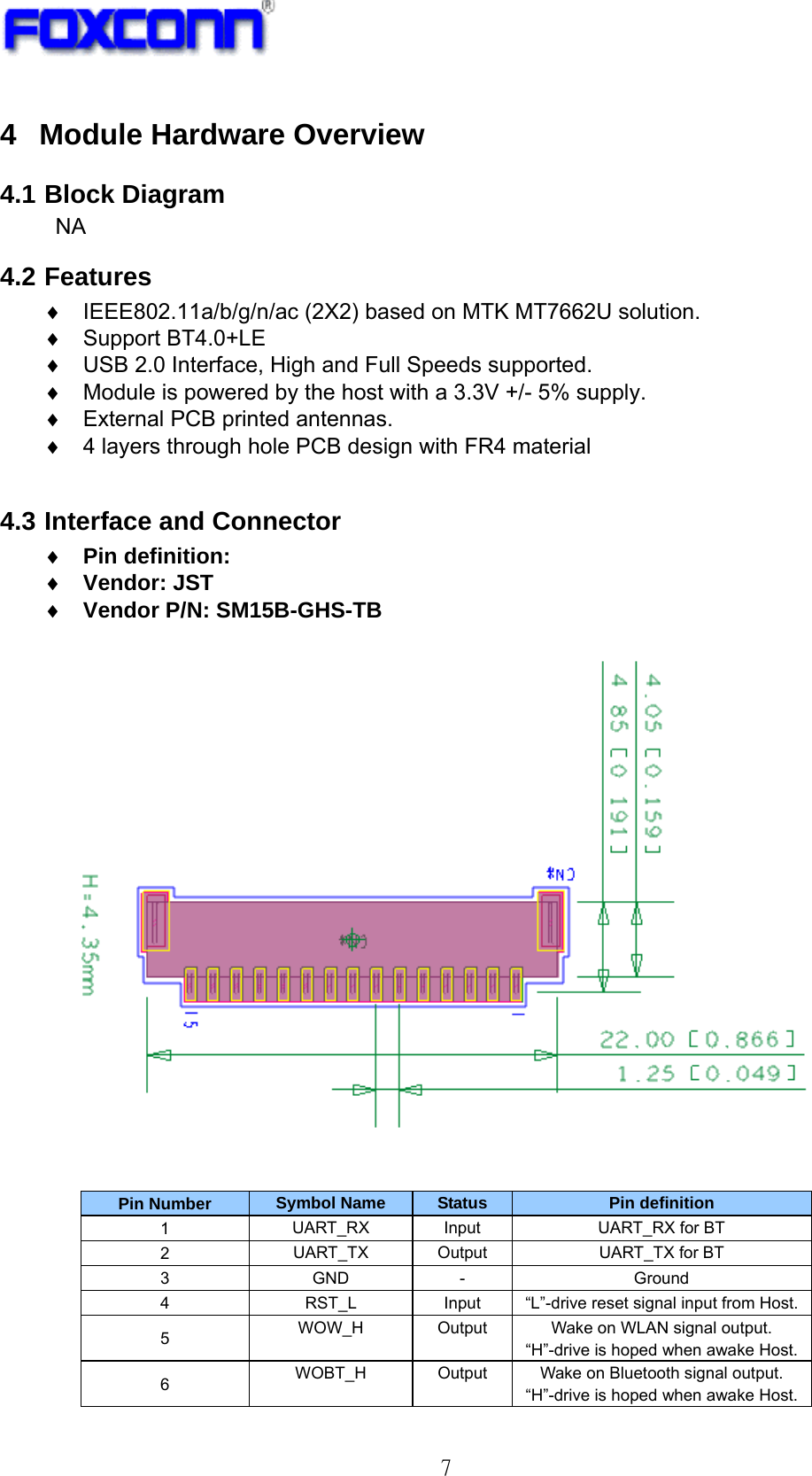   7 4  Module Hardware Overview 4.1 Block Diagram NA 4.2 Features ♦ IEEE802.11a/b/g/n/ac (2X2) based on MTK MT7662U solution. ♦ Support BT4.0+LE ♦  USB 2.0 Interface, High and Full Speeds supported. ♦  Module is powered by the host with a 3.3V +/- 5% supply. ♦  External PCB printed antennas. ♦  4 layers through hole PCB design with FR4 material  4.3 Interface and Connector ♦ Pin definition:   ♦ Vendor: JST ♦ Vendor P/N: SM15B-GHS-TB     Pin Number  Symbol Name  Status  Pin definition 1  UART_RX Input  UART_RX for BT 2  UART_TX Output  UART_TX for BT 3  GND -  Ground 4  RST_L  Input  “L”-drive reset signal input from Host. 5  WOW_H  Output  Wake on WLAN signal output. “H”-drive is hoped when awake Host. 6  WOBT_H  Output  Wake on Bluetooth signal output. “H”-drive is hoped when awake Host. 