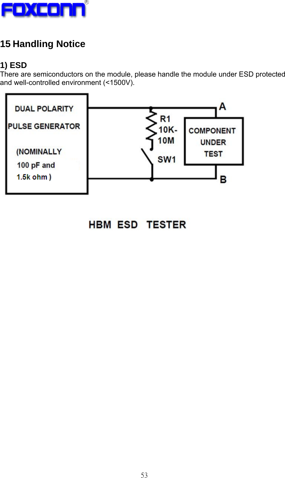   53 15 Handling Notice  1) ESD There are semiconductors on the module, please handle the module under ESD protected and well-controlled environment (&lt;1500V).  
