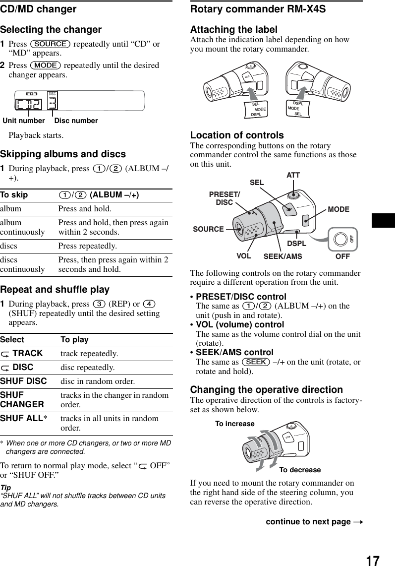 17CD/MD changerSelecting the changer1Press (SOURCE) repeatedly until “CD” or “MD” appears.2Press (MODE) repeatedly until the desired changer appears.Playback starts.Skipping albums and discs1During playback, press (1)/(2) (ALBUM –/+).Repeat and shuffle play1During playback, press (3) (REP) or (4) (SHUF) repeatedly until the desired setting appears.*When one or more CD changers, or two or more MD changers are connected.To return to normal play mode, select “  OFF” or “SHUF OFF.”Tip“SHUF ALL” will not shuffle tracks between CD units and MD changers.Rotary commander RM-X4SAttaching the labelAttach the indication label depending on how you mount the rotary commander.Location of controlsThe corresponding buttons on the rotary commander control the same functions as those on this unit.The following controls on the rotary commander require a different operation from the unit.•PRESET/DISC controlThe same as (1)/(2) (ALBUM –/+) on the unit (push in and rotate).•VOL (volume) controlThe same as the volume control dial on the unit (rotate).•SEEK/AMS controlThe same as (SEEK) –/+ on the unit (rotate, or rotate and hold).Changing the operative directionThe operative direction of the controls is factory-set as shown below.If you need to mount the rotary commander on the right hand side of the steering column, you can reverse the operative direction.To skip (1)/(2) (ALBUM –/+)album Press and hold.album continuously Press and hold, then press again within 2 seconds.discs Press repeatedly.discs continuously Press, then press again within 2 seconds and hold.Select To play TRACK track repeatedly. DISC disc repeatedly.SHUF DISC disc in random order.SHUF CHANGER tracks in the changer in random order.SHUF ALL* tracks in all units in random order.Disc numberUnit numbercontinue to next page tSELDSPLMODESELDSPLMODEOFFATTSELSOURCEDSPLMODEOFFVOL SEEK/AMSPRESET/DISCTo increaseTo decrease