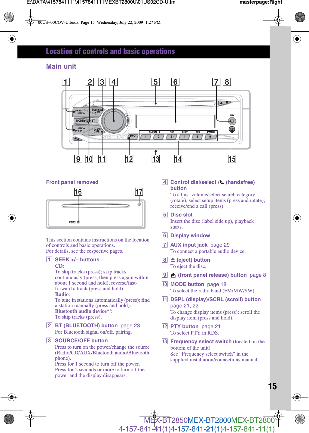 15E:\DATA\4157841111\4157841111MEXBT2800U\01US02CD-U.fm masterpage:RightMEX-BT2850MEX-BT2800MEX-BT28004-157-841-41(1)4-157-841-21(1)4-157-841-11(1)Location of controls and basic operationsMain unitFront panel removedThis section contains instructions on the location of controls and basic operations.For details, see the respective pages.ASEEK +/– buttonsCD:To skip tracks (press); skip tracks continuously (press, then press again within about 1 second and hold); reverse/fast-forward a track (press and hold).Radio:To tune in stations automatically (press); find a station manually (press and hold).Bluetooth audio device*1:To skip tracks (press).BBT (BLUETOOTH) button  page 23For Bluetooth signal on/off, pairing.CSOURCE/OFF buttonPress to turn on the power/change the source (Radio/CD/AUX/Bluetooth audio/Bluetooth phone).Press for 1 second to turn off the power.Press for 2 seconds or more to turn off the power and the display disappears.DControl dial/select / (handsfree) buttonTo adjust volume/select search category (rotate); select setup items (press and rotate); receive/end a call (press).EDisc slotInsert the disc (label side up), playback starts.FDisplay windowGAUX input jack  page 29To connect a portable audio device.HZ (eject) buttonTo eject the disc.I (front panel release) button  page 8JMODE button  page 18To select the radio band (FM/MW/SW).KDSPL (display)/SCRL (scroll) button page 21, 22To change display items (press); scroll the display item (press and hold).LPTY button  page 21To select PTY in RDS.MFrequency select switch (located on the bottom of the unit)See “Frequency select switch” in the supplied installation/connections manual.PUSHSELECT/BTALBUM REP SHUF PAUSEAUXSOURCEDSPLSEEK OFFSEEK SCRL123456PTYMODE BTMIC9 qa qs2qgq; qf1 73 4 5 6 8qdRESETqjqh00US+00COV-U.book  Page 15  Wednesday, July 22, 2009  1:27 PM