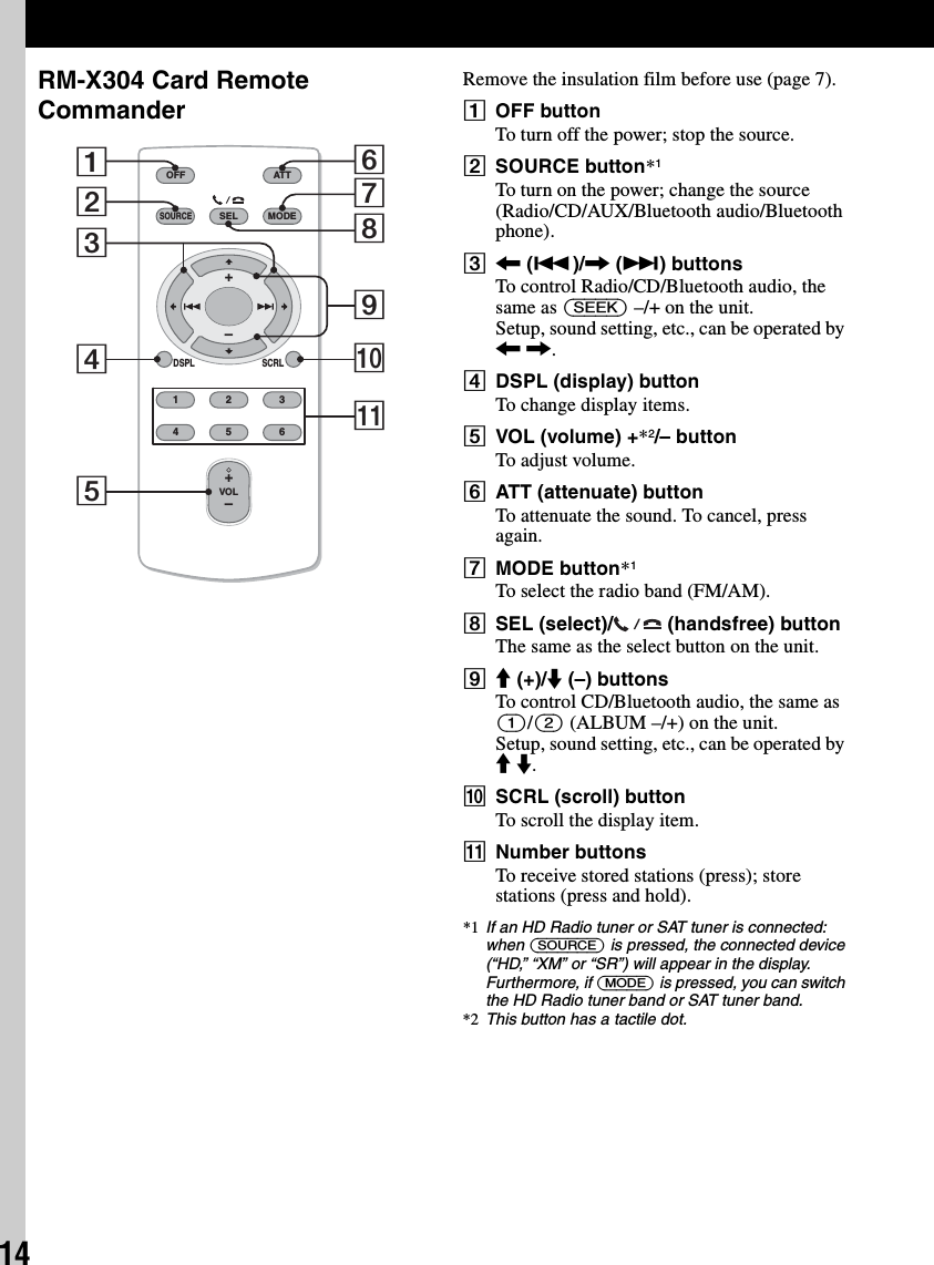 14RM-X304 Card Remote CommanderRemove the insulation film before use (page 7).AOFF buttonTo turn off the power; stop the source.BSOURCE button*1To turn on the power; change the source (Radio/CD/AUX/Bluetooth audio/Bluetooth phone).C&lt; (.)/, (&gt;) buttonsTo control Radio/CD/Bluetooth audio, the same as (SEEK) –/+ on the unit.Setup, sound setting, etc., can be operated by &lt; ,.DDSPL (display) buttonTo change display items.EVOL (volume) +*2/– buttonTo adjust volume.FATT (attenuate) buttonTo attenuate the sound. To cancel, press again.GMODE button*1To select the radio band (FM/AM).HSEL (select)/  (handsfree) buttonThe same as the select button on the unit.IM (+)/m (–) buttonsTo control CD/Bluetooth audio, the same as (1)/(2) (ALBUM –/+) on the unit.Setup, sound setting, etc., can be operated by M m.JSCRL (scroll) buttonTo scroll the display item.KNumber buttonsTo receive stored stations (press); store stations (press and hold).*1 If an HD Radio tuner or SAT tuner is connected: when (SOURCE) is pressed, the connected device (“HD,” “XM” or “SR”) will appear in the display. Furthermore, if (MODE) is pressed, you can switch the HD Radio tuner band or SAT tuner band.*2 This button has a tactile dot.OFFDSPL SCRLSELSOURCEMODE132465ATTVOL+–+–287103654qa9