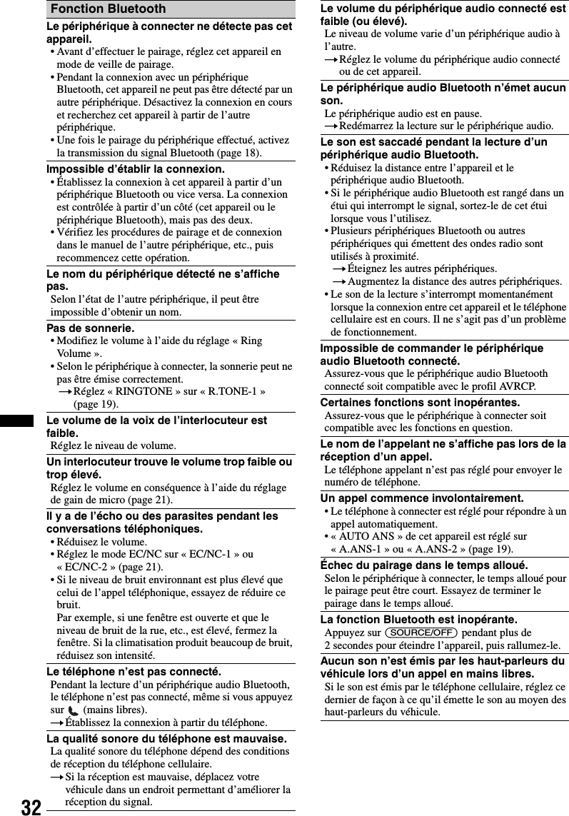 32Fonction BluetoothLe périphérique à connecter ne détecte pas cet appareil.• Avant d’effectuer le pairage, réglez cet appareil en mode de veille de pairage.• Pendant la connexion avec un périphérique Bluetooth, cet appareil ne peut pas être détecté par un autre périphérique. Désactivez la connexion en cours et recherchez cet appareil à partir de l’autre périphérique.• Une fois le pairage du périphérique effectué, activez la transmission du signal Bluetooth (page 18).Impossible d’établir la connexion.• Établissez la connexion à cet appareil à partir d’un périphérique Bluetooth ou vice versa. La connexion est contrôlée à partir d’un côté (cet appareil ou le périphérique Bluetooth), mais pas des deux.• Vérifiez les procédures de pairage et de connexion dans le manuel de l’autre périphérique, etc., puis recommencez cette opération.Le nom du périphérique détecté ne s’affiche pas.Selon l’état de l’autre périphérique, il peut être impossible d’obtenir un nom.Pas de sonnerie.• Modifiez le volume à l’aide du réglage « Ring Vo lu m e » .• Selon le périphérique à connecter, la sonnerie peut ne pas être émise correctement.tRéglez «RINGTONE» sur «R.TONE-1» (page 19).Le volume de la voix de l’interlocuteur est faible.Réglez le niveau de volume.Un interlocuteur trouve le volume trop faible ou trop élevé.Réglez le volume en conséquence à l’aide du réglage de gain de micro (page 21).Il y a de l’écho ou des parasites pendant les conversations téléphoniques.• Réduisez le volume.• Réglez le mode EC/NC sur « EC/NC-1 » ou « EC/NC-2 » (page 21).• Si le niveau de bruit environnant est plus élevé que celui de l’appel téléphonique, essayez de réduire ce bruit.Par exemple, si une fenêtre est ouverte et que le niveau de bruit de la rue, etc., est élevé, fermez la fenêtre. Si la climatisation produit beaucoup de bruit, réduisez son intensité.Le téléphone n’est pas connecté.Pendant la lecture d’un périphérique audio Bluetooth, le téléphone n’est pas connecté, même si vous appuyez sur  (mains libres).tÉtablissez la connexion à partir du téléphone.La qualité sonore du téléphone est mauvaise.La qualité sonore du téléphone dépend des conditions de réception du téléphone cellulaire. tSi la réception est mauvaise, déplacez votre véhicule dans un endroit permettant d’améliorer la réception du signal.Le volume du périphérique audio connecté est faible (ou élevé).Le niveau de volume varie d’un périphérique audio à l’autre.tRéglez le volume du périphérique audio connecté ou de cet appareil.Le périphérique audio Bluetooth n’émet aucun son.Le périphérique audio est en pause.tRedémarrez la lecture sur le périphérique audio.Le son est saccadé pendant la lecture d’un périphérique audio Bluetooth.• Réduisez la distance entre l’appareil et le périphérique audio Bluetooth.• Si le périphérique audio Bluetooth est rangé dans un étui qui interrompt le signal, sortez-le de cet étui lorsque vous l’utilisez.• Plusieurs périphériques Bluetooth ou autres périphériques qui émettent des ondes radio sont utilisés à proximité.tÉteignez les autres périphériques.tAugmentez la distance des autres périphériques.• Le son de la lecture s’interrompt momentanément lorsque la connexion entre cet appareil et le téléphone cellulaire est en cours. Il ne s’agit pas d’un problème de fonctionnement.Impossible de commander le périphérique audio Bluetooth connecté.Assurez-vous que le périphérique audio Bluetooth connecté soit compatible avec le profil AVRCP.Certaines fonctions sont inopérantes.Assurez-vous que le périphérique à connecter soit compatible avec les fonctions en question.Le nom de l’appelant ne s’affiche pas lors de la réception d’un appel.Le téléphone appelant n’est pas réglé pour envoyer le numéro de téléphone.Un appel commence involontairement.• Le téléphone à connecter est réglé pour répondre à un appel automatiquement.• « AUTO ANS » de cet appareil est réglé sur « A.ANS-1 » ou « A.ANS-2 » (page 19).Échec du pairage dans le temps alloué.Selon le périphérique à connecter, le temps alloué pour le pairage peut être court. Essayez de terminer le pairage dans le temps alloué.La fonction Bluetooth est inopérante.Appuyez sur (SOURCE/OFF) pendant plus de 2 secondes pour éteindre l’appareil, puis rallumez-le.Aucun son n’est émis par les haut-parleurs du véhicule lors d’un appel en mains libres.Si le son est émis par le téléphone cellulaire, réglez ce dernier de façon à ce qu’il émette le son au moyen des haut-parleurs du véhicule.