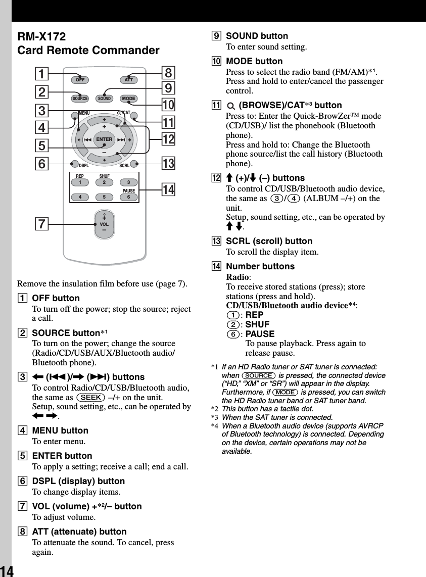 14RM-X172 Card Remote CommanderRemove the insulation film before use (page 7).AOFF buttonTo turn off the power; stop the source; reject a call.BSOURCE button*1To turn on the power; change the source (Radio/CD/USB/AUX/Bluetooth audio/Bluetooth phone).C&lt; (.)/, (&gt;) buttonsTo control Radio/CD/USB/Bluetooth audio, the same as (SEEK) –/+ on the unit.Setup, sound setting, etc., can be operated by &lt; ,.DMENU buttonTo enter menu.EENTER buttonTo apply a setting; receive a call; end a call.FDSPL (display) buttonTo change display items.GVOL (volume) +*2/– buttonTo adjust volume.HATT (attenuate) buttonTo attenuate the sound. To cancel, press again.ISOUND buttonTo enter sound setting.JMODE buttonPress to select the radio band (FM/AM)*1.Press and hold to enter/cancel the passenger control.K (BROWSE)/CAT*3 buttonPress to: Enter the Quick-BrowZer™ mode (CD/USB)/ list the phonebook (Bluetooth phone).Press and hold to: Change the Bluetooth phone source/list the call history (Bluetooth phone).LM (+)/m (–) buttonsTo control CD/USB/Bluetooth audio device, the same as (3)/(4) (ALBUM –/+) on the unit.Setup, sound setting, etc., can be operated by M m.MSCRL (scroll) buttonTo scroll the display item.NNumber buttonsRadio:To receive stored stations (press); store stations (press and hold).CD/USB/Bluetooth audio device*4:(1): REP(2): SHUF(6): PAUSETo pause playback. Press again to release pause.*1 If an HD Radio tuner or SAT tuner is connected: when (SOURCE) is pressed, the connected device (“HD,” “XM” or “SR”) will appear in the display. Furthermore, if (MODE) is pressed, you can switch the HD Radio tuner band or SAT tuner band.*2 This button has a tactile dot.*3 When the SAT tuner is connected.*4 When a Bluetooth audio device (supports AVRCP of Bluetooth technology) is connected. Depending on the device, certain operations may not be available.OFFDSPL SCRLSOURCEMODE132465ATTVOL+–+–REP SHUFMENUSOUNDPAU SEENTER/CAT2901345687qfqsqaqd