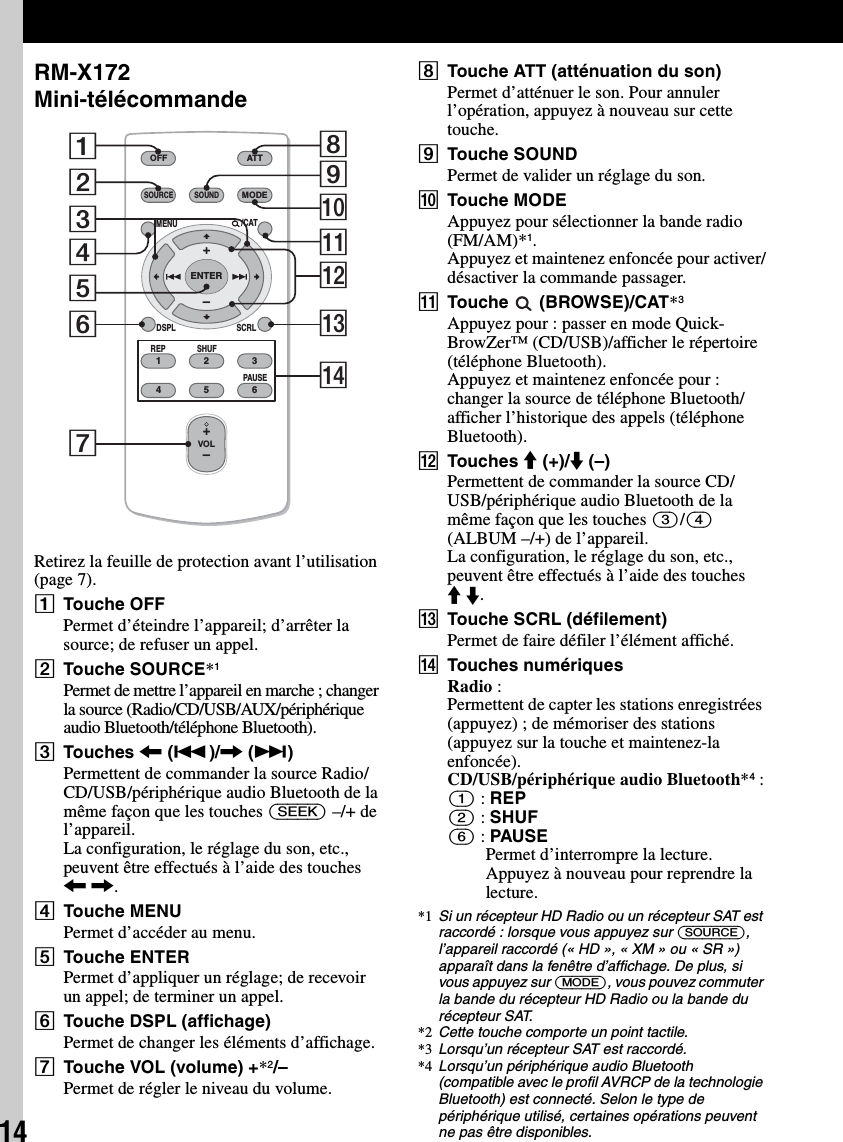 14RM-X172 Mini-télécommandeRetirez la feuille de protection avant l’utilisation (page 7).ATouche OFFPermet d’éteindre l’appareil; d’arrêter la source; de refuser un appel.BTouche SOURCE*1Permet de mettre l’appareil en marche ; changer la source (Radio/CD/USB/AUX/périphérique audio Bluetooth/téléphone Bluetooth).CTouches &lt; (.)/, (&gt;)Permettent de commander la source Radio/CD/USB/périphérique audio Bluetooth de la même façon que les touches (SEEK) –/+ de l’appareil.La configuration, le réglage du son, etc., peuvent être effectués à l’aide des touches &lt; ,.DTouche MENUPermet d’accéder au menu.ETouche ENTERPermet d’appliquer un réglage; de recevoir un appel; de terminer un appel.FTouche DSPL (affichage)Permet de changer les éléments d’affichage.GTouche VOL (volume) +*2/–Permet de régler le niveau du volume.HTouche ATT (atténuation du son)Permet d’atténuer le son. Pour annuler l’opération, appuyez à nouveau sur cette touche.ITouche SOUNDPermet de valider un réglage du son.JTouche MODEAppuyez pour sélectionner la bande radio (FM/AM)*1.Appuyez et maintenez enfoncée pour activer/désactiver la commande passager.KTouche  (BROWSE)/CAT*3Appuyez pour : passer en mode Quick-BrowZer™ (CD/USB)/afficher le répertoire (téléphone Bluetooth).Appuyez et maintenez enfoncée pour : changer la source de téléphone Bluetooth/afficher l’historique des appels (téléphone Bluetooth).LTouches M (+)/m (–)Permettent de commander la source CD/USB/périphérique audio Bluetooth de la même façon que les touches (3)/(4) (ALBUM –/+) de l’appareil.La configuration, le réglage du son, etc., peuvent être effectués à l’aide des touches M m.MTouche SCRL (défilement)Permet de faire défiler l’élément affiché.NTouches numériquesRadio :Permettent de capter les stations enregistrées (appuyez) ; de mémoriser des stations (appuyez sur la touche et maintenez-la enfoncée).CD/USB/périphérique audio Bluetooth*4 :(1) : REP(2) : SHUF(6) : PAUSEPermet d’interrompre la lecture. Appuyez à nouveau pour reprendre la lecture.*1 Si un récepteur HD Radio ou un récepteur SAT est raccordé : lorsque vous appuyez sur (SOURCE), l’appareil raccordé (« HD », « XM » ou « SR ») apparaît dans la fenêtre d’affichage. De plus, si vous appuyez sur (MODE), vous pouvez commuter la bande du récepteur HD Radio ou la bande du récepteur SAT.*2 Cette touche comporte un point tactile.*3 Lorsqu’un récepteur SAT est raccordé.*4 Lorsqu’un périphérique audio Bluetooth (compatible avec le profil AVRCP de la technologie Bluetooth) est connecté. Selon le type de périphérique utilisé, certaines opérations peuvent ne pas être disponibles.OFFDSPL SCRLSOURCEMODE132465ATTVOL+–+–REP SHUFMENUSOUNDPAU SEENTER/CAT2901345687qfqsqaqd