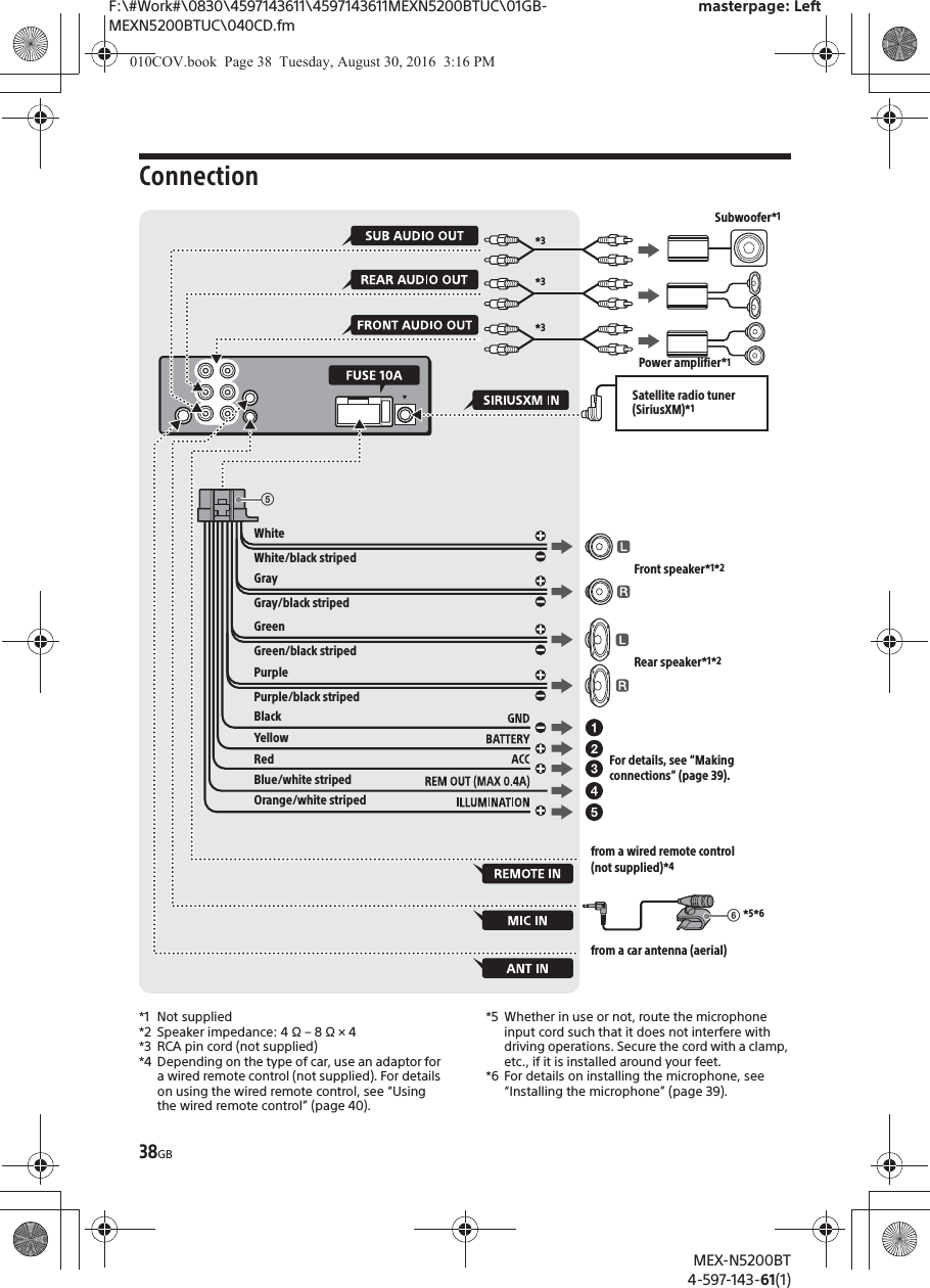 F:\#Work#\0830\4597143611\4597143611MEXN5200BTUC\01GB-MEXN5200BTUC\040CD.fmmasterpage: LeftMEX-N5200BT4-597-143-61(1)38GBConnection*1 Not supplied*2 Speaker impedance: 4  – 8  × 4*3 RCA pin cord (not supplied)*4 Depending on the type of car, use an adaptor for a wired remote control (not supplied). For details on using the wired remote control, see “Using the wired remote control” (page 40).*5 Whether in use or not, route the microphone input cord such that it does not interfere with driving operations. Secure the cord with a clamp, etc., if it is installed around your feet. *6 For details on installing the microphone, see “Installing the microphone” (page 39).ͪfrom a wired remote control (not supplied)*4from a car antenna (aerial)*3*3Subwoofer*1Power amplifier*1For details, see “Making connections” (page 39).ͫ *5*6WhiteWhite/black stripedGrayBlackYellowRedBlue/white stripedGray/black stripedGreenGreen/black stripedPurplePurple/black stripedFront speaker*1*2Rear speaker*1*2*3Satellite radio tuner (SiriusXM)*1Orange/white striped010COV.book  Page 38  Tuesday, August 30, 2016  3:16 PM
