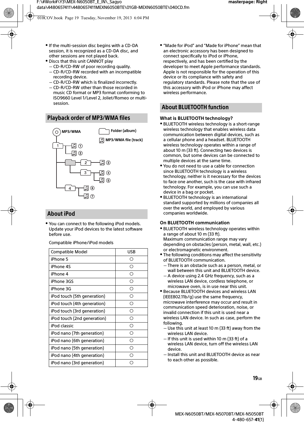 19GBF:\#Work#\Y3\MEX-N6050BT_E_IN\_Sagyo data\4480657411\4480657411MEXN6050BTE\01GB-MEXN6050BTE\040CD.fmmasterpage: RightMEX-N6050BT/MEX-N5070BT/MEX-N5050BT4-480-657-41(1)If the multi-session disc begins with a CD-DA session, it is recognized as a CD-DA disc, and other sessions are not played back.Discs that this unit CANNOT playCD-R/CD-RW of poor recording quality.CD-R/CD-RW recorded with an incompatible recording device.CD-R/CD-RW which is finalized incorrectly.CD-R/CD-RW other than those recorded in music CD format or MP3 format conforming to ISO9660 Level 1/Level 2, Joliet/Romeo or multi-session.You can connect to the following iPod models. Update your iPod devices to the latest software before use.Compatible iPhone/iPod models“Made for iPod” and “Made for iPhone” mean that an electronic accessory has been designed to connect specifically to iPod or iPhone, respectively, and has been certified by the developer to meet Apple performance standards. Apple is not responsible for the operation of this device or its compliance with safety and regulatory standards. Please note that the use of this accessory with iPod or iPhone may affect wireless performance.What is BLUETOOTH technology?BLUETOOTH wireless technology is a short-range wireless technology that enables wireless data communication between digital devices, such as a cellular phone and a headset. BLUETOOTH wireless technology operates within a range of about 10 m (33 ft). Connecting two devices is common, but some devices can be connected to multiple devices at the same time.You do not need to use a cable for connection since BLUETOOTH technology is a wireless technology, neither is it necessary for the devices to face one another, such is the case with infrared technology. For example, you can use such a device in a bag or pocket.BLUETOOTH technology is an international standard supported by millions of companies all over the world, and employed by various companies worldwide.On BLUETOOTH communicationBLUETOOTH wireless technology operates within a range of about 10 m (33 ft).Maximum communication range may vary depending on obstacles (person, metal, wall, etc.) or electromagnetic environment.The following conditions may affect the sensitivity of BLUETOOTH communication.There is an obstacle such as a person, metal, or wall between this unit and BLUETOOTH device.A device using 2.4 GHz frequency, such as a wireless LAN device, cordless telephone, or microwave oven, is in use near this unit.Because BLUETOOTH devices and wireless LAN (IEEE802.11b/g) use the same frequency, microwave interference may occur and result in communication speed deterioration, noise, or invalid connection if this unit is used near a wireless LAN device. In such as case, perform the following.Use this unit at least 10 m (33 ft) away from the wireless LAN device.If this unit is used within 10 m (33 ft) of a wireless LAN device, turn off the wireless LAN device.Install this unit and BLUETOOTH device as near to each other as possible.Playback order of MP3/WMA filesAbout iPodCompatible Model USBiPhone 5 iPhone 4S iPhone 4 iPhone 3GS iPhone 3G iPod touch (5th generation) iPod touch (4th generation) iPod touch (3rd generation) iPod touch (2nd generation) iPod classic iPod nano (7th generation) iPod nano (6th generation) iPod nano (5th generation) iPod nano (4th generation) iPod nano (3rd generation) MP3/WMA Folder (album)MP3/WMA file (track)About BLUETOOTH function010COV.book  Page 19  Tuesday, November 19, 2013  6:04 PM