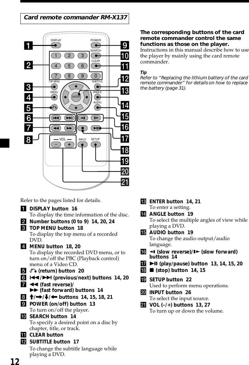 12Card remote commander RM-X137ENTERSEARCHPOWERDISPLAYCLEARSETUPAUDIOANGLESUBTITLEMENUTOP MENUINPUT1234567890VOLRefer to the pages listed for details.1DISPLAY button  16To display the time information of the disc.2Number buttons (0 to 9)  14, 20, 243TOP MENU button  18To display the top menu of a recordedDVD.4MENU button  18, 20To display the recorded DVD menu, or toturn on/off the PBC (Playback control)menu of a Video CD.5O (return) button  206./&gt; (previous/next) buttons  14, 207m (fast reverse)/M (fast forward) buttons  148M/,/m/&lt; buttons  14, 15, 18, 219POWER (on/off) button  13To turn on/off the player.q; SEARCH button  14To specify a desired point on a disc bychapter, title, or track.qa CLEAR buttonqs SUBTITLE button  17To change the subtitle language whileplaying a DVD.qd ENTER button  14, 21To enter a setting.qf ANGLE button  19To select the multiple angles of view whileplaying a DVD.qg AUDIO button  19To change the audio output/audiolanguage.qh  (slow reverse)/y (slow forward)buttons  14qj u (play/pause) button  13, 14, 15, 20qk x (stop) button  14, 15ql SETUP button  22Used to perform menu operations.w; INPUT button  26To select the input source.wa VOL (–/+) buttons  13, 27To turn up or down the volume.The corresponding buttons of the cardremote commander control the samefunctions as those on the player.Instructions in this manual describe how to usethe player by mainly using the card remotecommander.TipRefer to “Replacing the lithium battery of the cardremote commander” for details on how to replacethe battery (page 31).