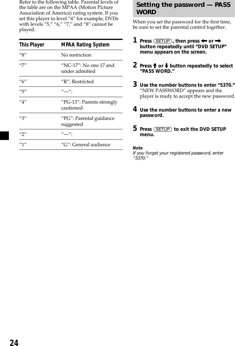 24Refer to the following table. Parental levels ofthe table are on the MPAA (Motion PictureAssociation of America) rating system. If youset this player to level “4” for example, DVDswith levels “5,” “6,” “7,” and “8” cannot beplayed.This Player MPAA Rating System“8” No restriction“7” “NC-17”: No one 17 andunder admitted“6” “R”: Restricted“5” “—”:“4” “PG-13”: Parents stronglycautioned“3” “PG”: Parental guidancesuggested“2” “—”:“1” “G”: General audienceSetting the password — PASSWORDWhen you set the password for the first time,be sure to set the parental control together.1Press (SETUP), then press &lt; or ,button repeatedly until “DVD SETUP”menu appears on the screen.2Press M or m button repeatedly to select“PASS WORD.”3Use the number buttons to enter “5370.”“NEW PASSWORD” appears and theplayer is ready to accept the new password.4Use the number buttons to enter a newpassword.5Press (SETUP) to exit the DVD SETUPmenu.NoteIf you forget your registered password, enter“5370.”