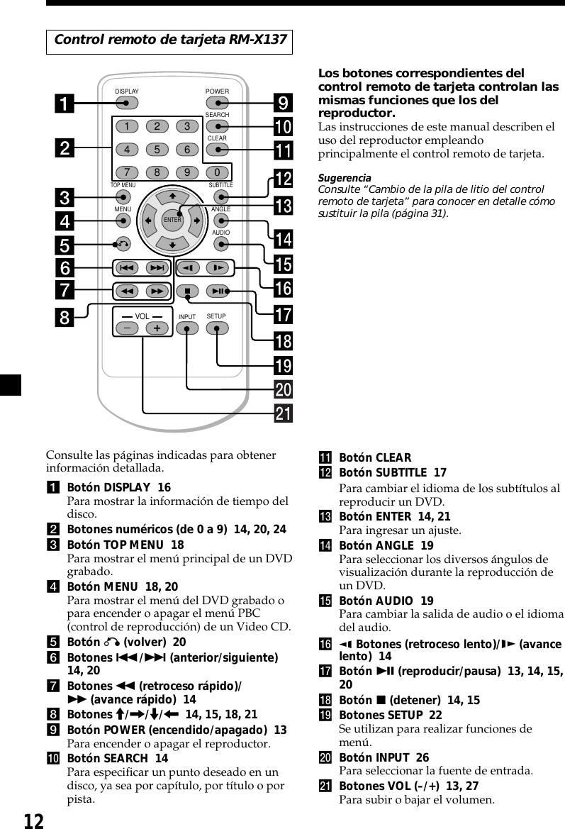 12ENTERSEARCHPOWERDISPLAYCLEARSETUPAUDIOANGLESUBTITLEMENUTOP MENUINPUT1234567890VOLConsulte las páginas indicadas para obtenerinformación detallada.1Botón DISPLAY  16Para mostrar la información de tiempo deldisco.2Botones numéricos (de 0 a 9)  14, 20, 243Botón TOP MENU  18Para mostrar el menú principal de un DVDgrabado.4Botón MENU  18, 20Para mostrar el menú del DVD grabado opara encender o apagar el menú PBC(control de reproducción) de un Video CD.5Botón O (volver)  206Botones ./&gt; (anterior/siguiente)14, 207Botones m (retroceso rápido)/M (avance rápido)  148Botones M/,/m/&lt;  14, 15, 18, 219Botón POWER (encendido/apagado)  13Para encender o apagar el reproductor.q; Botón SEARCH  14Para especificar un punto deseado en undisco, ya sea por capítulo, por título o porpista.qa Botón CLEARqs Botón SUBTITLE  17Para cambiar el idioma de los subtítulos alreproducir un DVD.qd Botón ENTER  14, 21Para ingresar un ajuste.qf Botón ANGLE  19Para seleccionar los diversos ángulos devisualización durante la reproducción deun DVD.qg Botón AUDIO  19Para cambiar la salida de audio o el idiomadel audio.qh  Botones (retroceso lento)/y (avancelento)  14qj Botón u (reproducir/pausa)  13, 14, 15,20qk Botón x (detener)  14, 15ql Botones SETUP  22Se utilizan para realizar funciones demenú.w; Botón INPUT  26Para seleccionar la fuente de entrada.wa Botones VOL (–/+)  13, 27Para subir o bajar el volumen.Los botones correspondientes delcontrol remoto de tarjeta controlan lasmismas funciones que los delreproductor.Las instrucciones de este manual describen eluso del reproductor empleandoprincipalmente el control remoto de tarjeta.SugerenciaConsulte “Cambio de la pila de litio del controlremoto de tarjeta” para conocer en detalle cómosustituir la pila (página 31).Control remoto de tarjeta RM-X137