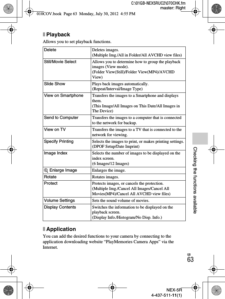 NEX-5R4-437-511-11(1)C:\01GB-NEX5RUC2\070CHK.fmmaster: RightGB63Checking the functions availablexPlaybackAllows you to set playback functions.xApplicationYou can add the desired functions to your camera by connecting to the application downloading website “PlayMemories Camera Apps” via the Internet.Delete Deletes images.(Multiple Img./All in Folder/All AVCHD view files)Still/Movie Select Allows you to determine how to group the playback images (View mode).(Folder View(Still)/Folder View(MP4)/AVCHD View)Slide Show Plays back images automatically.(Repeat/Interval/Image Type)View on Smartphone Transfers the images to a Smartphone and displays them.(This Image/All Images on This Date/All Images in The Device)Send to Computer Transfers the images to a computer that is connected to the network for backup.View on TV Transfers the images to a TV that is connected to the network for viewing.Specify Printing Selects the images to print, or makes printing settings.(DPOF Setup/Date Imprint)Image Index Selects the number of images to be displayed on the index screen.(6 Images/12 Images) Enlarge Image Enlarges the image.Rotate Rotates images.Protect Protects images, or cancels the protection.(Multiple Img./Cancel All Images/Cancel All Movies(MP4)/Cancel All AVCHD view files)Volume Settings Sets the sound volume of movies.Display Contents Switches the information to be displayed on the playback screen.(Display Info./Histogram/No Disp. Info.)010COV.book  Page 63  Monday, July 30, 2012  4:55 PM