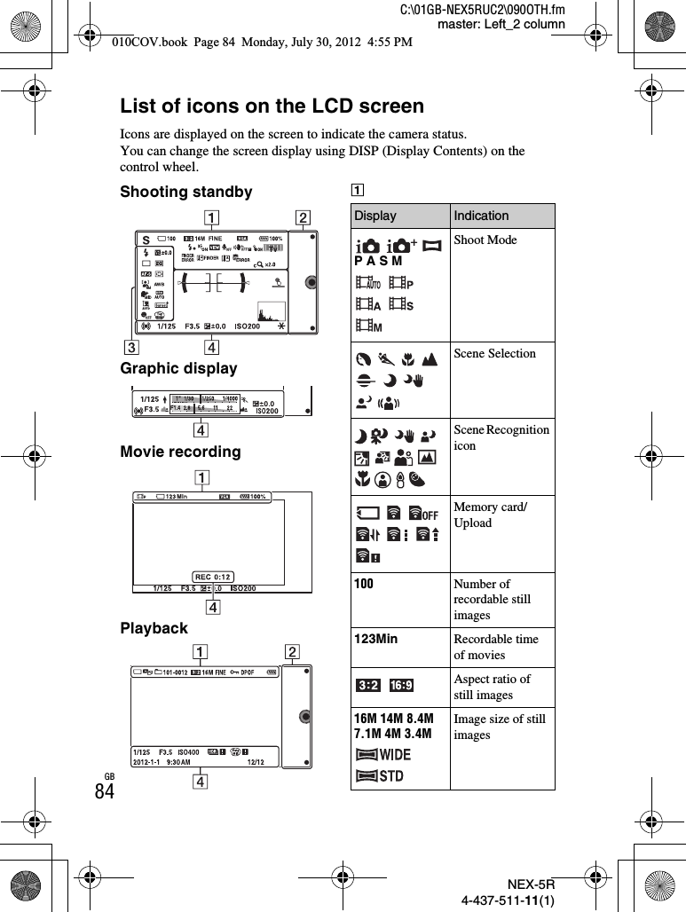 NEX-5R4-437-511-11(1)C:\01GB-NEX5RUC2\090OTH.fmmaster: Left_2 columnGB84List of icons on the LCD screenIcons are displayed on the screen to indicate the camera status.You can change the screen display using DISP (Display Contents) on the control wheel.Shooting standbyGraphic displayMovie recordingPlaybackADisplay IndicationP A S MShoot Mode        Scene Selection              Scene Recognition icon       Memory card/Upload100 Number of recordable still images123Min Recordable time of moviesAspect ratio of still images16M 14M 8.4M7.1M 4M 3.4MImage size of still images010COV.book  Page 84  Monday, July 30, 2012  4:55 PM