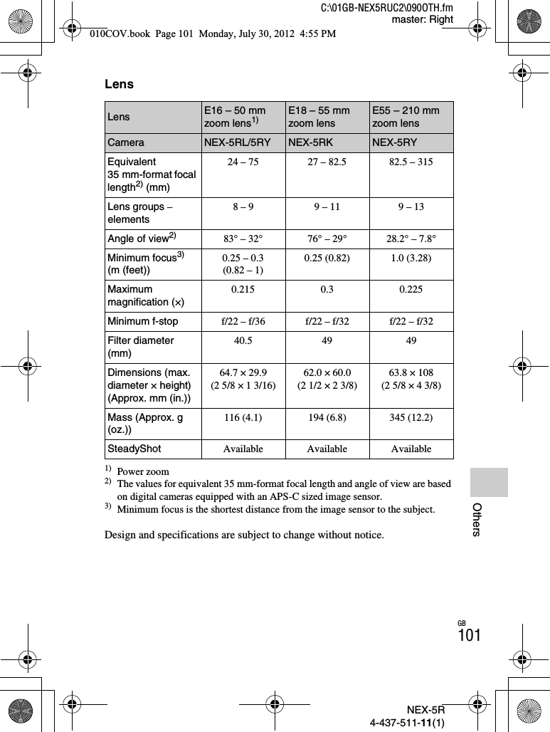 NEX-5R4-437-511-11(1)C:\01GB-NEX5RUC2\090OTH.fmmaster: RightGB101OthersLens1) Power zoom2) The values for equivalent 35 mm-format focal length and angle of view are based on digital cameras equipped with an APS-C sized image sensor.3) Minimum focus is the shortest distance from the image sensor to the subject.Design and specifications are subject to change without notice.Lens E16 – 50 mm zoom lens1)E18 – 55 mm zoom lensE55 – 210 mm zoom lensCamera NEX-5RL/5RY NEX-5RK NEX-5RYEquivalent 35 mm-format focal length2) (mm)24 – 75 27 – 82.5 82.5 – 315Lens groups –elements8 – 9 9 – 11 9 – 13Angle of view2) 83° – 32° 76° – 29° 28.2° – 7.8°Minimum focus3)(m (feet))0.25 – 0.3 (0.82 – 1)0.25 (0.82) 1.0 (3.28)Maximum magnification (×)0.215 0.3 0.225Minimum f-stop f/22 – f/36 f/22 – f/32 f/22 – f/32Filter diameter (mm)40.5 49 49Dimensions (max. diameter × height)(Approx. mm (in.))64.7 × 29.9(2 5/8 × 1 3/16)62.0 × 60.0(2 1/2 × 2 3/8)63.8 × 108(2 5/8 × 4 3/8)Mass (Approx. g  (oz.))116 (4.1) 194 (6.8) 345 (12.2)SteadyShot Available Available Available010COV.book  Page 101  Monday, July 30, 2012  4:55 PM