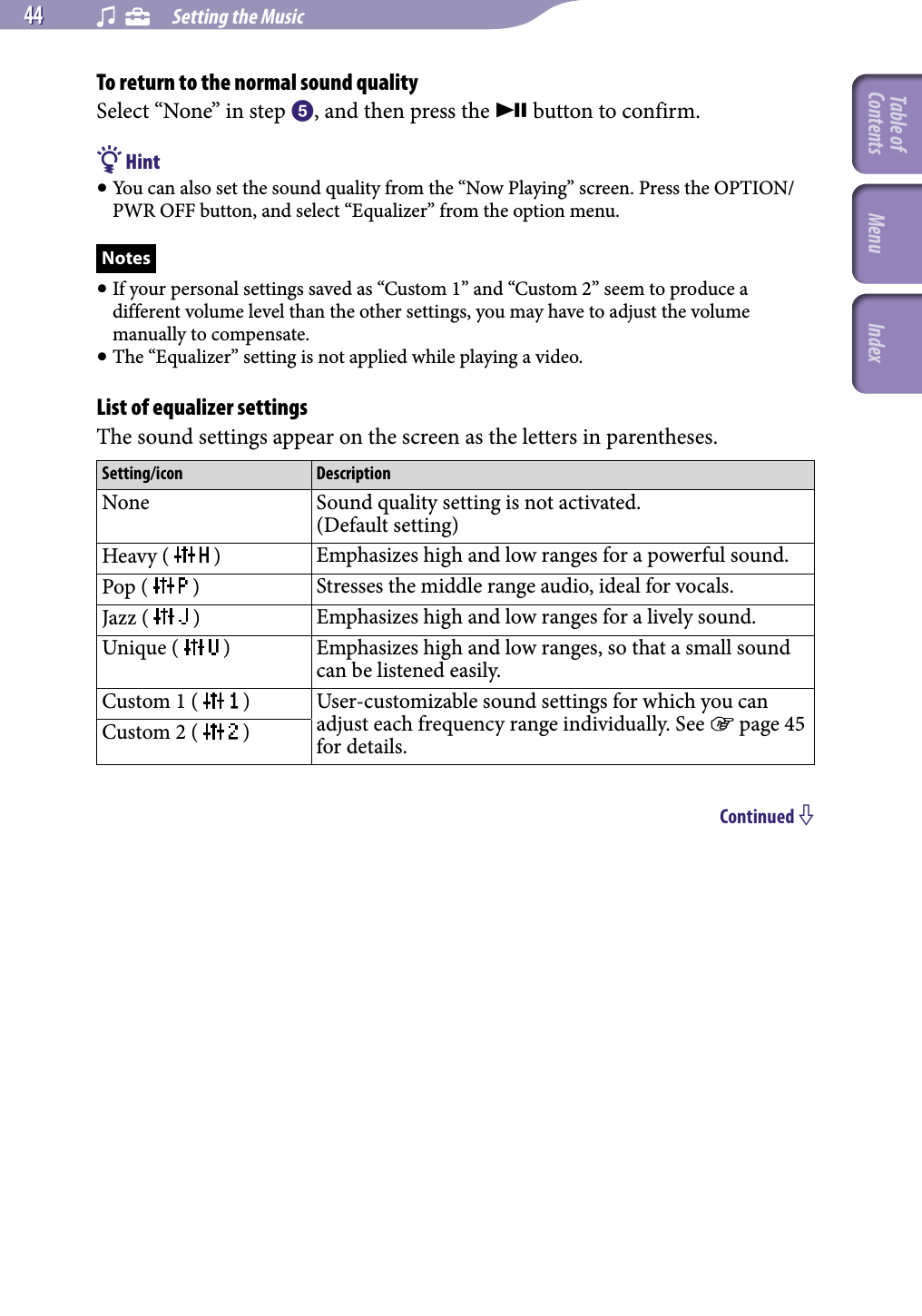 NWZ-A826 / A 828 / A829.GB.3-289-807-11(1)    Setting the Music44 44 To return to the normal sound qualitySelect “None” in step , and then press the  button to confirm. Hint You can also set the sound quality from the “Now Playing” screen. Press the OPTION/PWR OFF button, and select “Equalizer” from the option menu.Notes If your personal settings saved as “Custom 1” and “Custom 2” seem to produce a different volume level than the other settings, you may have to adjust the volume manually to compensate. The “Equalizer” setting is not applied while playing a video.List of equalizer settingsThe sound settings appear on the screen as the letters in parentheses.Setting/icon DescriptionNone Sound quality setting is not activated.(Default setting)Heavy (   ) Emphasizes high and low ranges for a powerful sound. Pop (   ) Stresses the middle range audio, ideal for vocals. Jazz (   ) Emphasizes high and low ranges for a lively sound. Unique (   ) Emphasizes high and low ranges, so that a small sound can be listened easily. Custom 1 (   ) User-customizable sound settings for which you can adjust each frequency range individually. See  page 45 for details.Custom 2 (   )Continued Table of Contents Menu Index