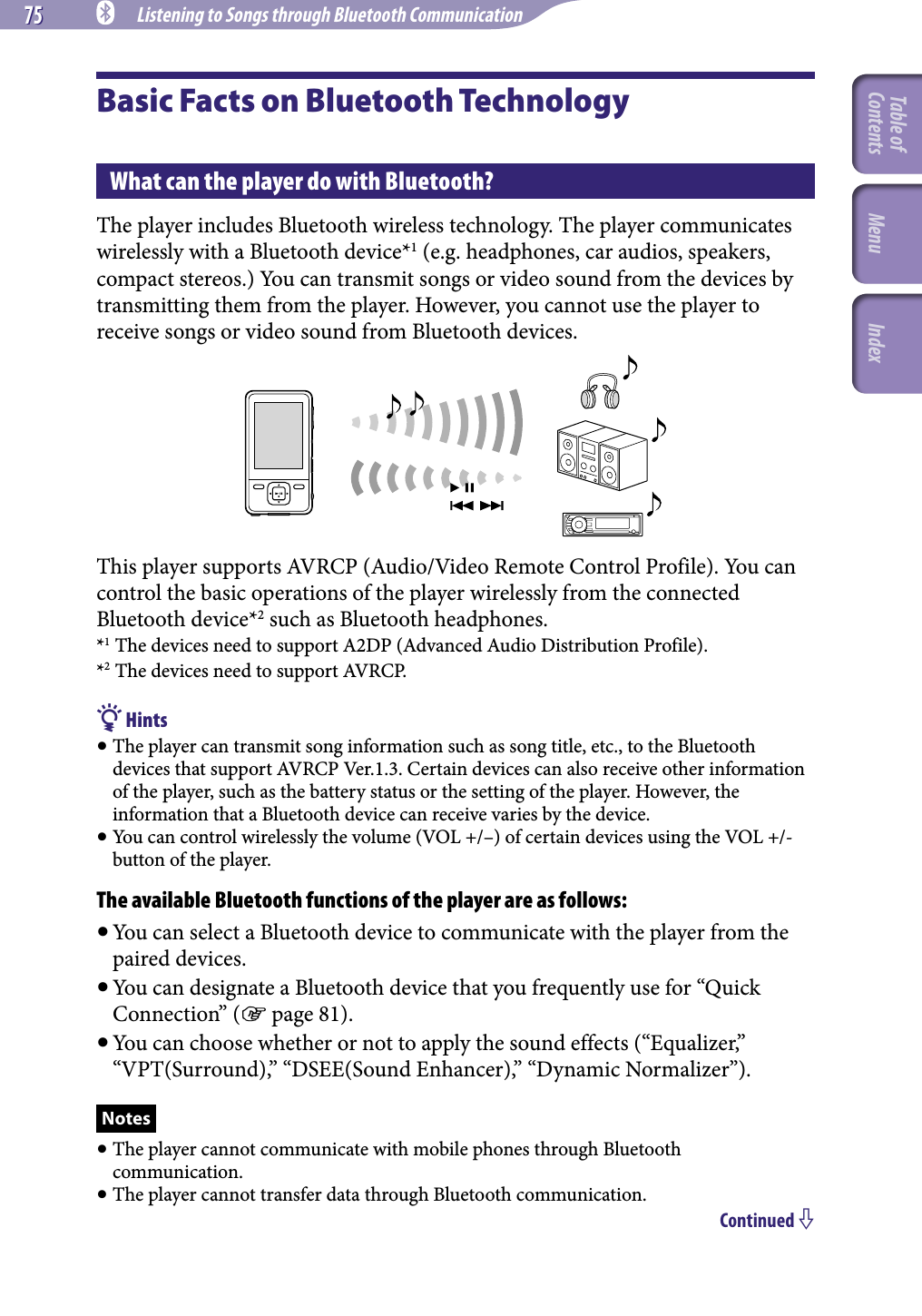 75 75 NWZ-A826 / A 828 / A829.GB.3-289-807-11(1) Listening to Songs through Bluetooth Communication Listening to Songs through Bluetooth CommunicationBasic Facts on Bluetooth TechnologyWhat can the player do with Bluetooth?The player includes Bluetooth wireless technology. The player communicates wirelessly with a Bluetooth device*1 (e.g. headphones, car audios, speakers, compact stereos.) You can transmit songs or video sound from the devices by transmitting them from the player. However, you cannot use the player to receive songs or video sound from Bluetooth devices.This player supports AVRCP (Audio/Video Remote Control Profile). You can control the basic operations of the player wirelessly from the connected Bluetooth device*2 such as Bluetooth headphones.*1 The devices need to support A2DP (Advanced Audio Distribution Profile).*2 The devices need to support AVRCP. Hints The player can transmit song information such as song title, etc., to the Bluetooth devices that support AVRCP Ver.1.3. Certain devices can also receive other information of the player, such as the battery status or the setting of the player. However, the information that a Bluetooth device can receive varies by the device. You can control wirelessly the volume (VOL +/–) of certain devices using the VOL +/-button of the player.The available Bluetooth functions of the player are as follows: You can select a Bluetooth device to communicate with the player from the paired devices. You can designate a Bluetooth device that you frequently use for “Quick Connection” ( page 81). You can choose whether or not to apply the sound effects (“Equalizer,” “VPT(Surround),” “DSEE(Sound Enhancer),” “Dynamic Normalizer”).Notes The player cannot communicate with mobile phones through Bluetooth communication. The player cannot transfer data through Bluetooth communication.Continued Table of Contents Menu Index