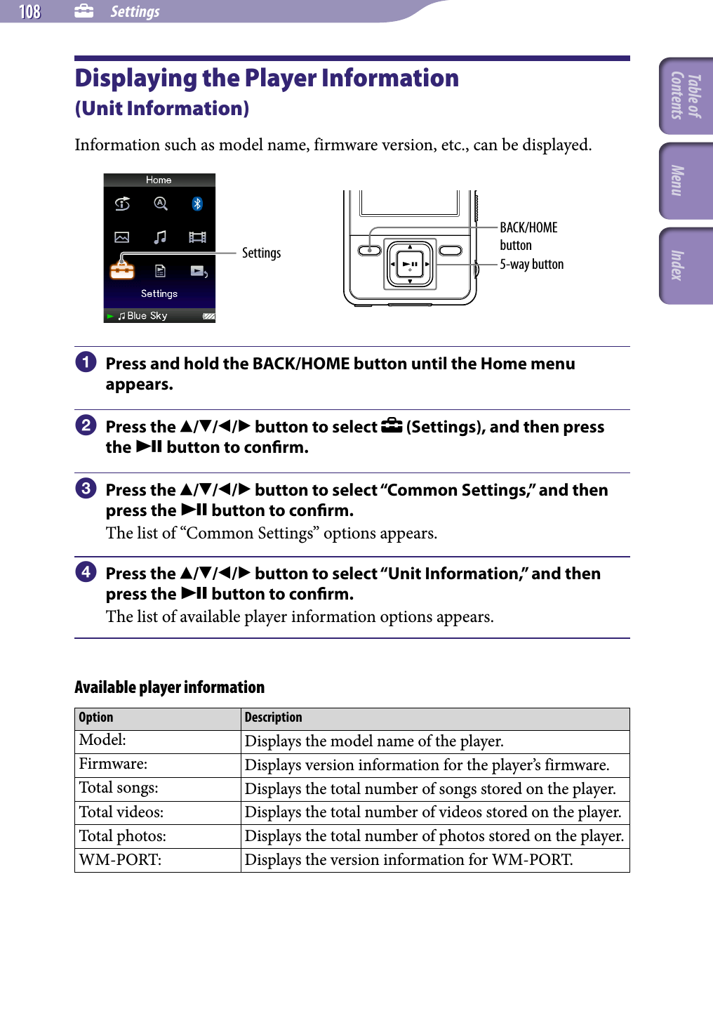 NWZ-A826 / A 828 / A829.GB.3-289-807-11(1)  Settings108 108 Displaying the Player Information  (Unit Information)Information such as model name, firmware version, etc., can be displayed.Settings 5-way buttonBACK/HOME button  Press and hold the BACK/HOME button until the Home menu appears.  Press the /// button to select   (Settings), and then press the  button to conrm.  Press the /// button to select “Common Settings,” and then press the  button to conrm.The list of “Common Settings” options appears.  Press the /// button to select “Unit Information,” and then press the  button to conrm.The list of available player information options appears.Available player informationOption DescriptionModel: Displays the model name of the player. Firmware: Displays version information for the player’s firmware.Total songs: Displays the total number of songs stored on the player.Total videos:  Displays the total number of videos stored on the player.Total photos:  Displays the total number of photos stored on the player.WM-PORT:  Displays the version information for WM-PORT.Table of Contents Menu Index