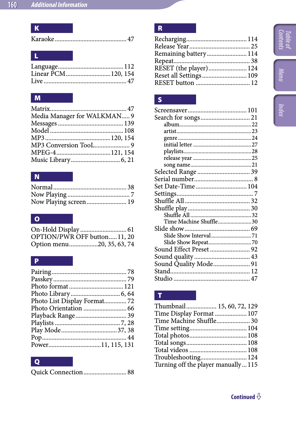 Additional Information160 160 NWZ-A826 / A 828 / A829.GB.3-289-807-11(1)KKaraoke ............................................. 47LLanguage ......................................... 112Linear PCM ............................120, 154Live .................................................... 47MMatrix ................................................ 47Media Manager for WALKMAN ..... 9Messages ......................................... 139Model .............................................. 108MP3 .........................................120, 154MP3 Conversion TooL ...................... 9MPEG-4 ..................................121, 154Music Library ............................... 6, 21NNormal .............................................. 38Now Playing ....................................... 7Now Playing screen ......................... 19OOn-Hold Display ............................. 61OPTION/PWR OFF button .....11, 20Option menu ..................20, 35, 63, 74PPairing ............................................... 78Passkey .............................................. 79Photo format .................................. 121Photo Library ...............................6, 64Photo List Display Format.............. 72Photo Orientation ........................... 66Playback Range ................................ 39Playlists ......................................... 7, 28Play Mode ...................................37, 38Pop ..................................................... 44Power .................................11, 115, 131QQuick Connection ........................... 88RRecharging ......................................114Release Year ...................................... 25Remaining battery ......................... 114Repeat................................................ 38RESET (the player) ........................ 124Reset all Settings ............................ 109RESET button .................................. 12SScreensaver .....................................101Search for songs ............................... 21album ....................................................22artist ......................................................23genre .....................................................24initial letter ..........................................27playlists .................................................28release year ..........................................25song name ............................................21Selected Range ................................. 39Serial number ..................................... 8Set Date-Time ................................ 104Settings ................................................ 7Shuffle All ......................................... 32Shuffle play ....................................... 30Shuffle All ............................................32Time Machine Shuffle ........................30Slide show ......................................... 69Slide Show Interval .............................71Slide Show Repeat ...............................70Sound Effect Preset ......................... 92Sound quality ................................... 43Sound Quality Mode ....................... 91Stand .................................................. 12Studio ................................................ 47TThumbnail ................... 15, 60, 72, 129Time Display Format .................... 107Time Machine Shuffle ..................... 30Time setting .................................... 104Total photos ....................................108Total songs ...................................... 108Total videos .................................... 108Troubleshooting ............................. 124Turning off the player manually ... 115Continued Table of Contents Menu Index