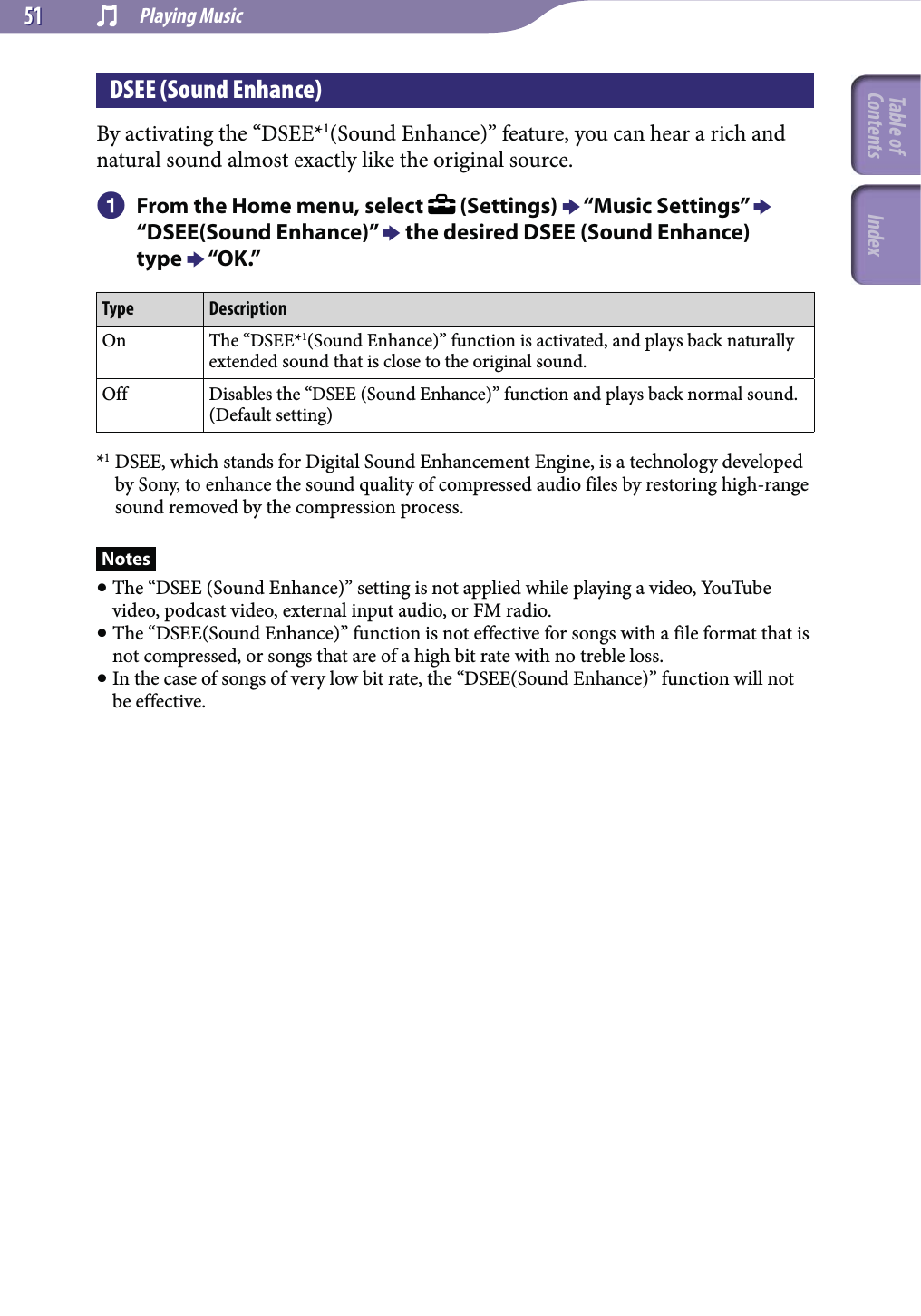  Playing Music5151DSEE (Sound Enhance)By activating the “DSEE*1(Sound Enhance)” feature, you can hear a rich and natural sound almost exactly like the original source.  From the Home menu, select   (Settings)  “Music Settings”  “DSEE(Sound Enhance)”  the desired DSEE (Sound Enhance)  type  “OK.”Type DescriptionOn The “DSEE*1(Sound Enhance)” function is activated, and plays back naturally extended sound that is close to the original sound.Off Disables the “DSEE (Sound Enhance)” function and plays back normal sound. (Default setting)*1 DSEE, which stands for Digital Sound Enhancement Engine, is a technology developed by Sony, to enhance the sound quality of compressed audio files by restoring high-range sound removed by the compression process.Notes The “DSEE (Sound Enhance)” setting is not applied while playing a video, YouTube video, podcast video, external input audio, or FM radio. The “DSEE(Sound Enhance)” function is not effective for songs with a file format that is not compressed, or songs that are of a high bit rate with no treble loss. In the case of songs of very low bit rate, the “DSEE(Sound Enhance)” function will not be effective.Table of Contents Index