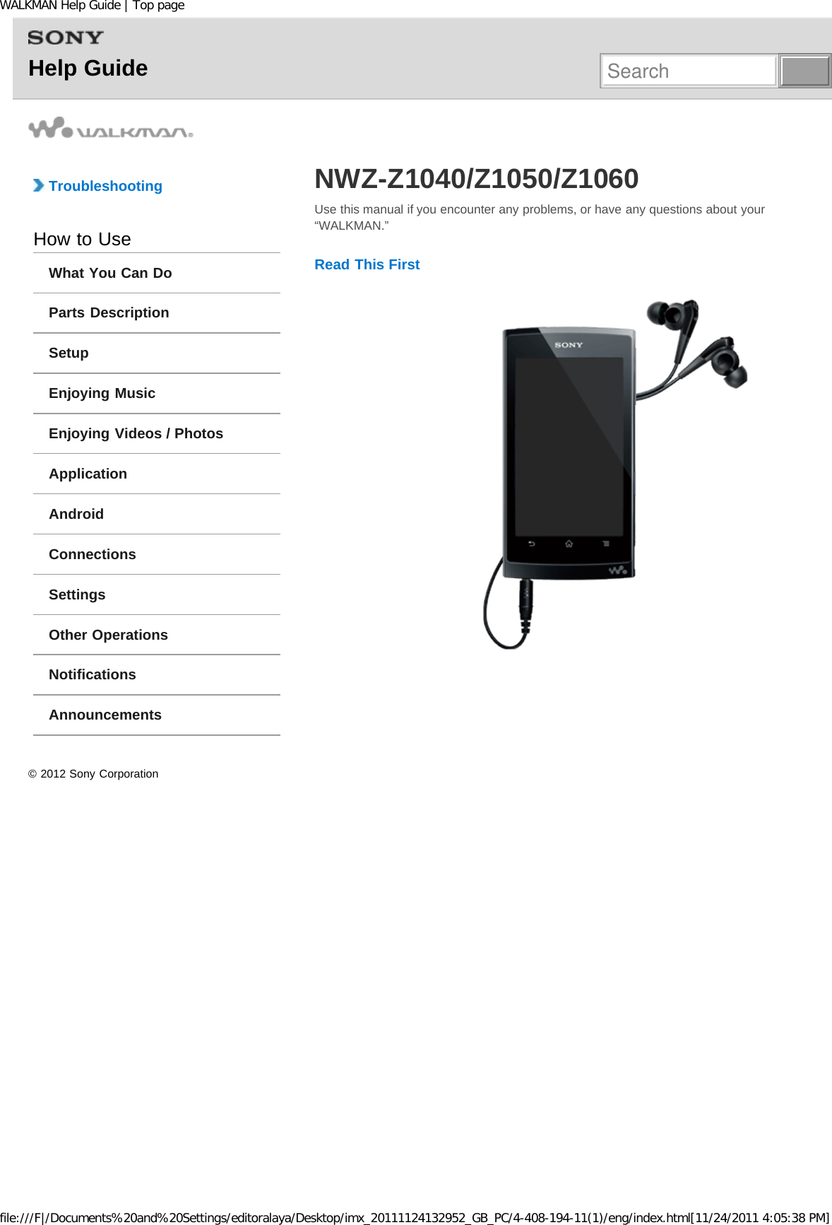 Page 1 of Sony Group NWZZ1000 Digital Media Player User Manual WALKMAN Help Guide   Top page