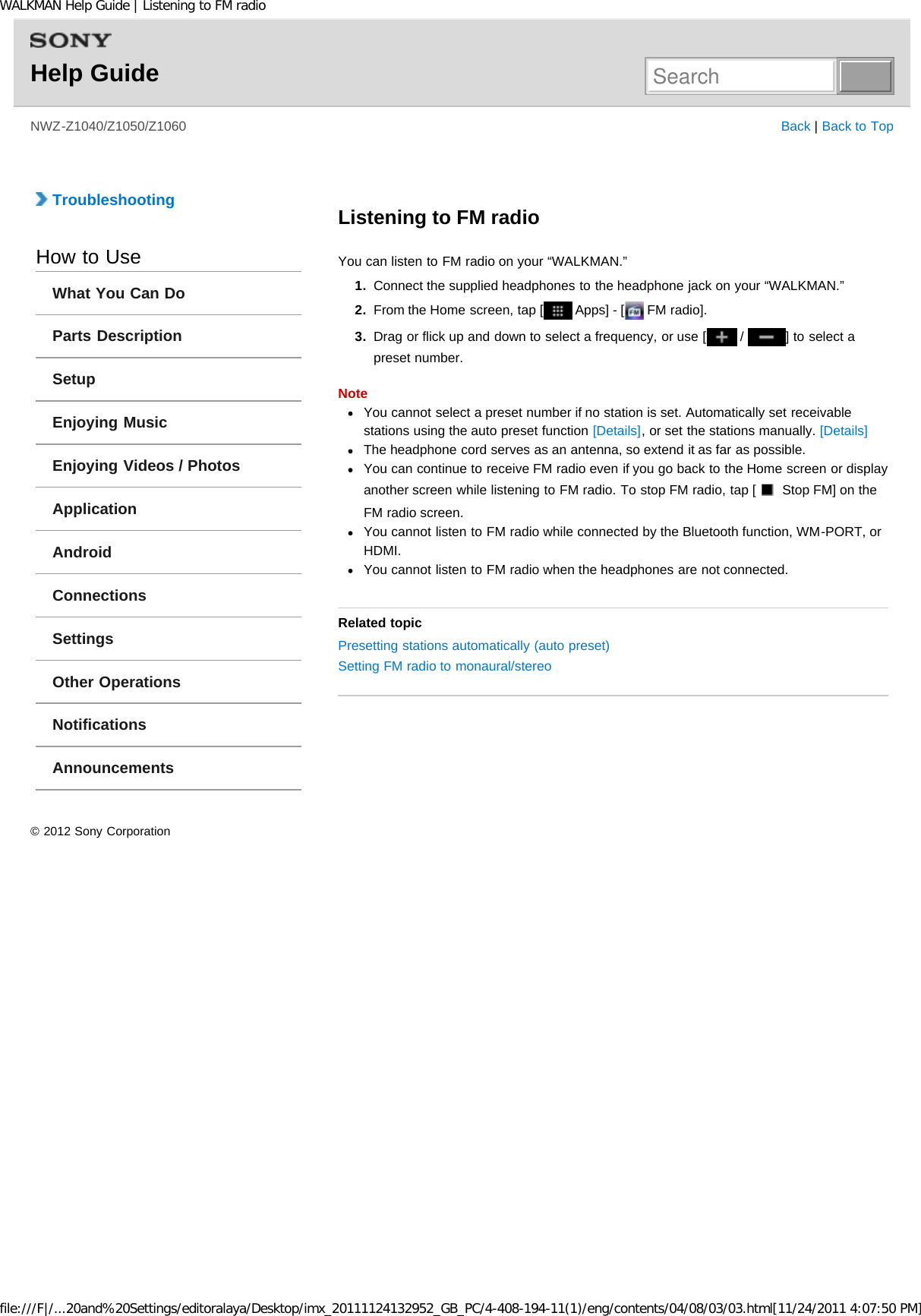 Page 122 of Sony Group NWZZ1000 Digital Media Player User Manual WALKMAN Help Guide   Top page