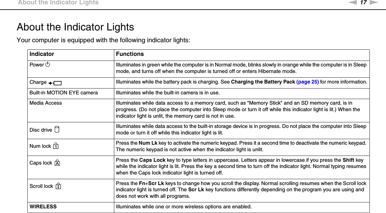 17nNGetting Started &gt;About the Indicator LightsAbout the Indicator LightsYour computer is equipped with the following indicator lights: Indicator FunctionsPower 1Illuminates in green while the computer is in Normal mode, blinks slowly in orange while the computer is in Sleep mode, and turns off when the computer is turned off or enters Hibernate mode.Charge  Illuminates while the battery pack is charging. See Charging the Battery Pack (page 25) for more information.Built-in MOTION EYE camera Illuminates while the built-in camera is in use.Media Access Illuminates while data access to a memory card, such as &quot;Memory Stick&quot; and an SD memory card, is in progress. (Do not place the computer into Sleep mode or turn it off while this indicator light is lit.) When the indicator light is unlit, the memory card is not in use.Disc drive  Illuminates while data access to the built-in storage device is in progress. Do not place the computer into Sleep mode or turn it off while this indicator light is lit.Num lock  Press the Num Lk key to activate the numeric keypad. Press it a second time to deactivate the numeric keypad. The numeric keypad is not active when the indicator light is unlit.Caps lock  Press the Caps Lock key to type letters in uppercase. Letters appear in lowercase if you press the Shift key while the indicator light is lit. Press the key a second time to turn off the indicator light. Normal typing resumes when the Caps lock indicator light is turned off.Scroll lock  Press the Fn+Scr Lk keys to change how you scroll the display. Normal scrolling resumes when the Scroll lock indicator light is turned off. The Scr Lk key functions differently depending on the program you are using and does not work with all programs. WIRELESS Illuminates while one or more wireless options are enabled.