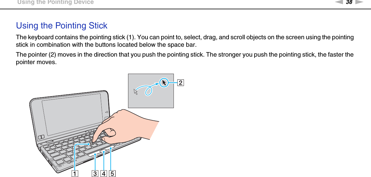 38nNUsing Your VAIO Computer &gt;Using the Pointing DeviceUsing the Pointing StickThe keyboard contains the pointing stick (1). You can point to, select, drag, and scroll objects on the screen using the pointing stick in combination with the buttons located below the space bar.The pointer (2) moves in the direction that you push the pointing stick. The stronger you push the pointing stick, the faster the pointer moves.