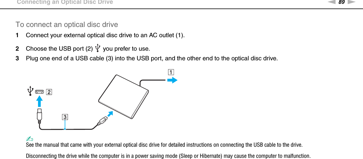 89nNUsing Peripheral Devices &gt;Connecting an Optical Disc DriveTo connect an optical disc drive1Connect your external optical disc drive to an AC outlet (1).2Choose the USB port (2)   you prefer to use.3Plug one end of a USB cable (3) into the USB port, and the other end to the optical disc drive.✍See the manual that came with your external optical disc drive for detailed instructions on connecting the USB cable to the drive.Disconnecting the drive while the computer is in a power saving mode (Sleep or Hibernate) may cause the computer to malfunction. 
