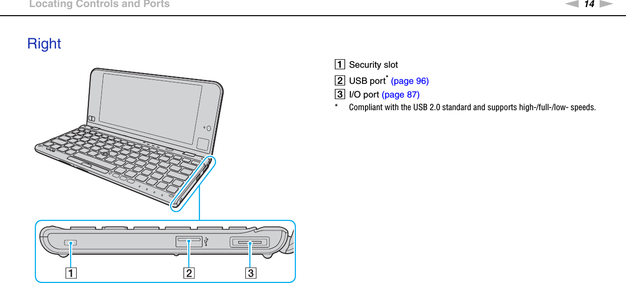 14nNGetting Started &gt;Locating Controls and PortsRightASecurity slotBUSB port* (page 96)CI/O port (page 87)* Compliant with the USB 2.0 standard and supports high-/full-/low- speeds.