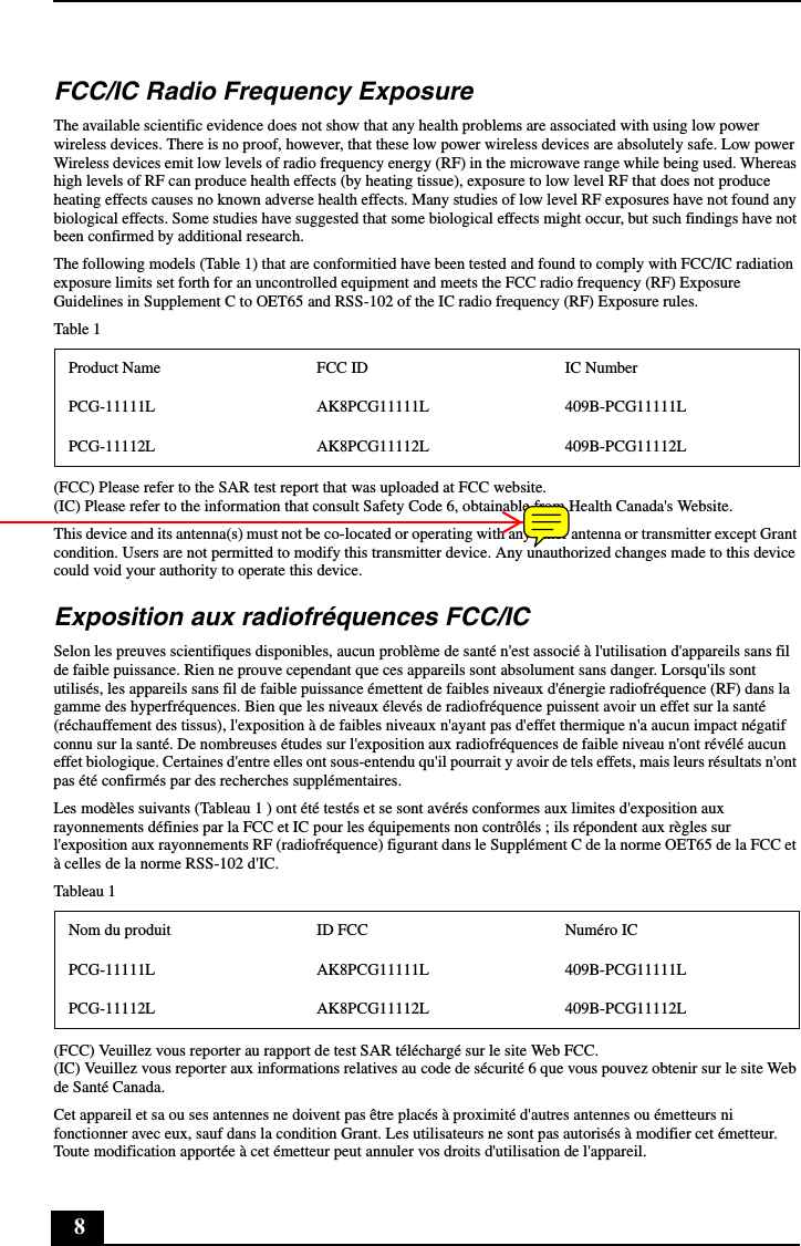 8FCC/IC Radio Frequency ExposureThe available scientific evidence does not show that any health problems are associated with using low power wireless devices. There is no proof, however, that these low power wireless devices are absolutely safe. Low power Wireless devices emit low levels of radio frequency energy (RF) in the microwave range while being used. Whereas high levels of RF can produce health effects (by heating tissue), exposure to low level RF that does not produce heating effects causes no known adverse health effects. Many studies of low level RF exposures have not found any biological effects. Some studies have suggested that some biological effects might occur, but such findings have not been confirmed by additional research.The following models (Table 1) that are conformitied have been tested and found to comply with FCC/IC radiation exposure limits set forth for an uncontrolled equipment and meets the FCC radio frequency (RF) Exposure Guidelines in Supplement C to OET65 and RSS-102 of the IC radio frequency (RF) Exposure rules.Table 1(FCC) Please refer to the SAR test report that was uploaded at FCC website. (IC) Please refer to the information that consult Safety Code 6, obtainable from Health Canada&apos;s Website.This device and its antenna(s) must not be co-located or operating with any other antenna or transmitter except Grant condition. Users are not permitted to modify this transmitter device. Any unauthorized changes made to this device could void your authority to operate this device.Exposition aux radiofréquences FCC/ICSelon les preuves scientifiques disponibles, aucun problème de santé n&apos;est associé à l&apos;utilisation d&apos;appareils sans fil de faible puissance. Rien ne prouve cependant que ces appareils sont absolument sans danger. Lorsqu&apos;ils sont utilisés, les appareils sans fil de faible puissance émettent de faibles niveaux d&apos;énergie radiofréquence (RF) dans la gamme des hyperfréquences. Bien que les niveaux élevés de radiofréquence puissent avoir un effet sur la santé (réchauffement des tissus), l&apos;exposition à de faibles niveaux n&apos;ayant pas d&apos;effet thermique n&apos;a aucun impact négatif connu sur la santé. De nombreuses études sur l&apos;exposition aux radiofréquences de faible niveau n&apos;ont révélé aucun effet biologique. Certaines d&apos;entre elles ont sous-entendu qu&apos;il pourrait y avoir de tels effets, mais leurs résultats n&apos;ont pas été confirmés par des recherches supplémentaires.Les modèles suivants (Tableau 1 ) ont été testés et se sont avérés conformes aux limites d&apos;exposition aux rayonnements définies par la FCC et IC pour les équipements non contrôlés ; ils répondent aux règles sur l&apos;exposition aux rayonnements RF (radiofréquence) figurant dans le Supplément C de la norme OET65 de la FCC et à celles de la norme RSS-102 d&apos;IC.Tableau 1(FCC) Veuillez vous reporter au rapport de test SAR téléchargé sur le site Web FCC. (IC) Veuillez vous reporter aux informations relatives au code de sécurité 6 que vous pouvez obtenir sur le site Web de Santé Canada.Cet appareil et sa ou ses antennes ne doivent pas être placés à proximité d&apos;autres antennes ou émetteurs ni fonctionner avec eux, sauf dans la condition Grant. Les utilisateurs ne sont pas autorisés à modifier cet émetteur. Toute modification apportée à cet émetteur peut annuler vos droits d&apos;utilisation de l&apos;appareil.Product Name FCC ID IC NumberPCG-11111L AK8PCG11111L 409B-PCG11111LPCG-11112L AK8PCG11112L 409B-PCG11112LNom du produit ID FCC Numéro ICPCG-11111L AK8PCG11111L 409B-PCG11111LPCG-11112L AK8PCG11112L 409B-PCG11112L