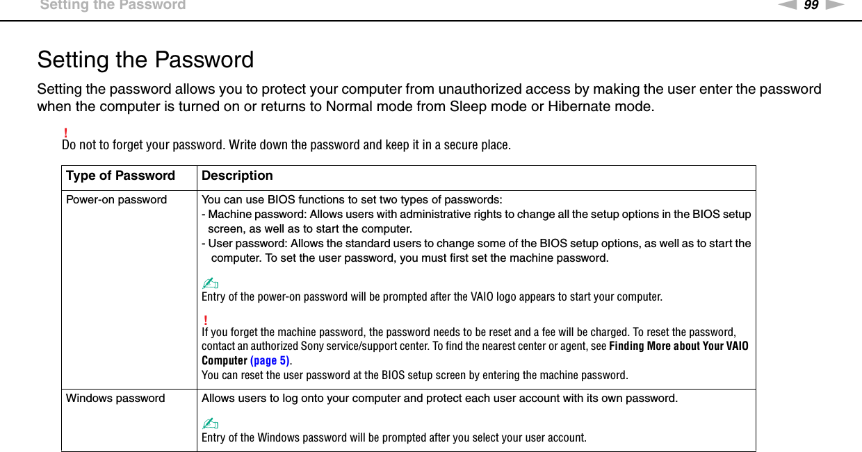 99nNCustomizing Your VAIO Computer &gt;Setting the PasswordSetting the PasswordSetting the password allows you to protect your computer from unauthorized access by making the user enter the password when the computer is turned on or returns to Normal mode from Sleep mode or Hibernate mode.!Do not to forget your password. Write down the password and keep it in a secure place.Type of Password DescriptionPower-on password You can use BIOS functions to set two types of passwords: - Machine password: Allows users with administrative rights to change all the setup options in the BIOS setup  screen, as well as to start the computer.- User password: Allows the standard users to change some of the BIOS setup options, as well as to start the   computer. To set the user password, you must first set the machine password.✍Entry of the power-on password will be prompted after the VAIO logo appears to start your computer.!If you forget the machine password, the password needs to be reset and a fee will be charged. To reset the password, contact an authorized Sony service/support center. To find the nearest center or agent, see Finding More about Your VAIO Computer (page 5).You can reset the user password at the BIOS setup screen by entering the machine password.Windows password Allows users to log onto your computer and protect each user account with its own password.✍Entry of the Windows password will be prompted after you select your user account.