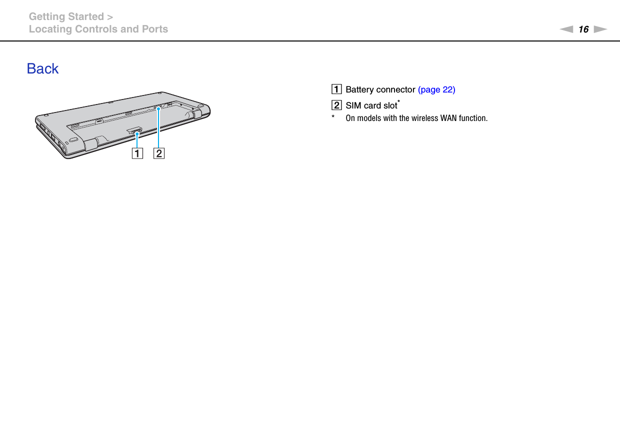 16nNGetting Started &gt;Locating Controls and PortsBack ABattery connector (page 22)BSIM card slot** On models with the wireless WAN function.