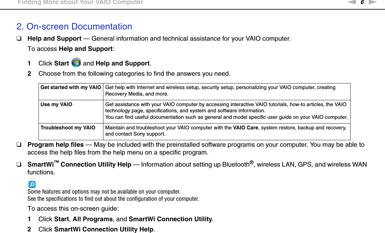 6nNBefore Use &gt;Finding More about Your VAIO Computer2. On-screen Documentation❑Help and Support — General information and technical assistance for your VAIO computer.To access Help and Support:1Click Start  and Help and Support.2Choose from the following categories to find the answers you need.❑Program help files — May be included with the preinstalled software programs on your computer. You may be able to access the help files from the help menu on a specific program.❑SmartWi™ Connection Utility Help — Information about setting up Bluetooth®, wireless LAN, GPS, and wireless WAN functions.Some features and options may not be available on your computer.See the specifications to find out about the configuration of your computer.To access this on-screen guide:1Click Start, All Programs, and SmartWi Connection Utility.2Click SmartWi Connection Utility Help.Get started with my VAIO Get help with Internet and wireless setup, security setup, personalizing your VAIO computer, creating Recovery Media, and more.Use my VAIO Get assistance with your VAIO computer by accessing interactive VAIO tutorials, how-to articles, the VAIO technology page, specifications, and system and software information.You can find useful documentation such as general and model specific user guide on your VAIO computer.Troubleshoot my VAIO Maintain and troubleshoot your VAIO computer with the VAIO Care, system restore, backup and recovery, and contact Sony support.