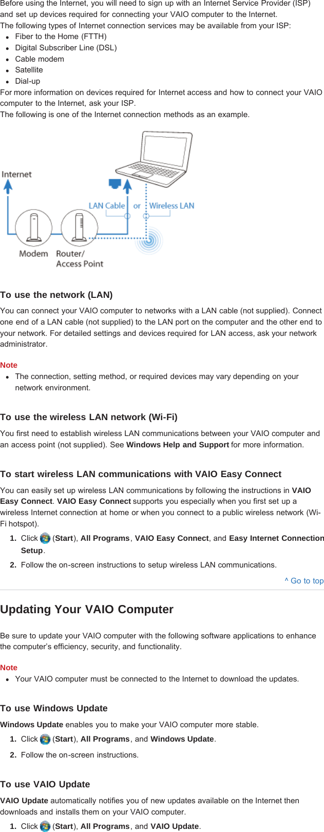 Before using the Internet, you will need to sign up with an Internet Service Provider (ISP)and set up devices required for connecting your VAIO computer to the Internet.The following types of Internet connection services may be available from your ISP:Fiber to the Home (FTTH)Digital Subscriber Line (DSL)Cable modemSatelliteDial-upFor more information on devices required for Internet access and how to connect your VAIOcomputer to the Internet, ask your ISP.The following is one of the Internet connection methods as an example.To use the network (LAN)You can connect your VAIO computer to networks with a LAN cable (not supplied). Connectone end of a LAN cable (not supplied) to the LAN port on the computer and the other end toyour network. For detailed settings and devices required for LAN access, ask your networkadministrator.NoteThe connection, setting method, or required devices may vary depending on yournetwork environment.To use the wireless LAN network (Wi-Fi)You first need to establish wireless LAN communications between your VAIO computer andan access point (not supplied). See Windows Help and Support for more information.To start wireless LAN communications with VAIO Easy ConnectYou can easily set up wireless LAN communications by following the instructions in VAIOEasy Connect. VAIO Easy Connect supports you especially when you first set up awireless Internet connection at home or when you connect to a public wireless network (Wi-Fi hotspot).1.  Click   (Start), All Programs, VAIO Easy Connect, and Easy Internet ConnectionSetup.2.  Follow the on-screen instructions to setup wireless LAN communications.^ Go to topUpdating Your VAIO ComputerBe sure to update your VAIO computer with the following software applications to enhancethe computer’s efficiency, security, and functionality.NoteYour VAIO computer must be connected to the Internet to download the updates.To use Windows UpdateWindows Update enables you to make your VAIO computer more stable.1.  Click   (Start), All Programs, and Windows Update.2.  Follow the on-screen instructions.To use VAIO UpdateVAIO Update automatically notifies you of new updates available on the Internet thendownloads and installs them on your VAIO computer.1.  Click   (Start), All Programs, and VAIO Update.