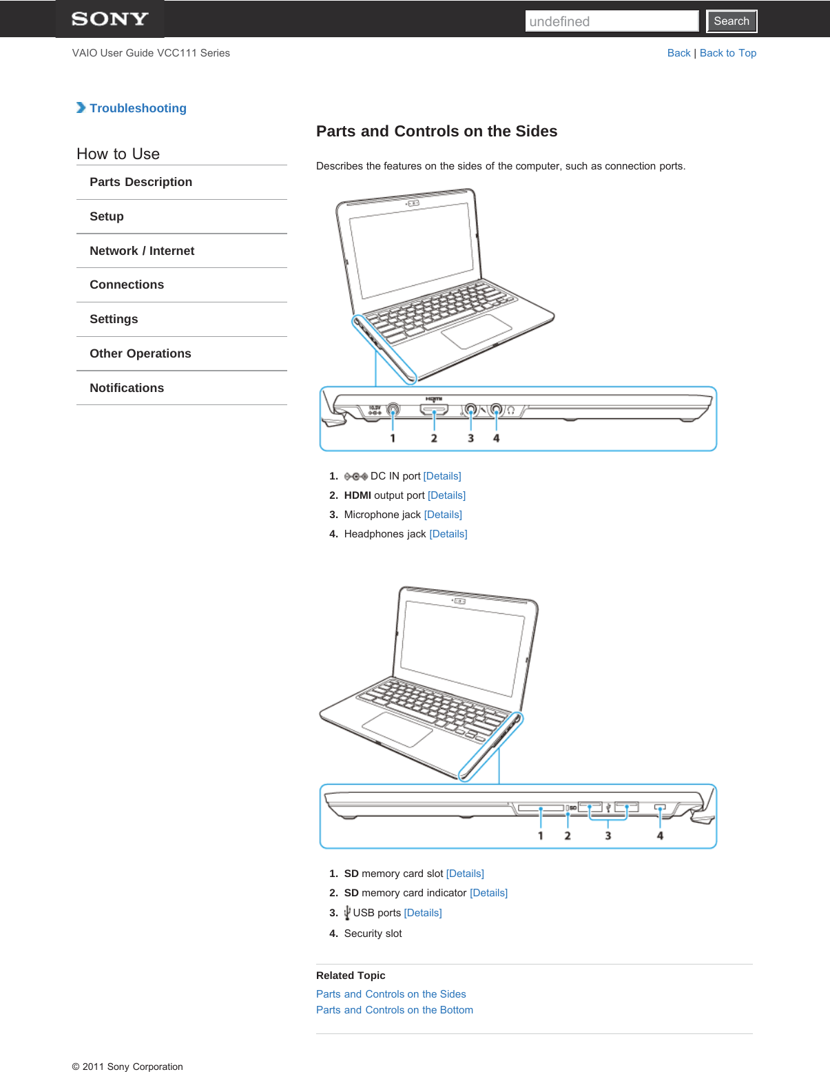 SearchVAIO User Guide VCC111 Series Back | Back to Top TroubleshootingHow to UseParts DescriptionSetupNetwork / InternetConnectionsSettingsOther OperationsNotificationsParts and Controls on the SidesDescribes the features on the sides of the computer, such as connection ports.1.   DC IN port [Details]2. HDMI output port [Details]3.  Microphone jack [Details]4.  Headphones jack [Details]1. SD memory card slot [Details]2. SD memory card indicator [Details]3.   USB ports [Details]4.  Security slotRelated TopicParts and Controls on the SidesParts and Controls on the Bottom© 2011 Sony CorporationSearchundefined