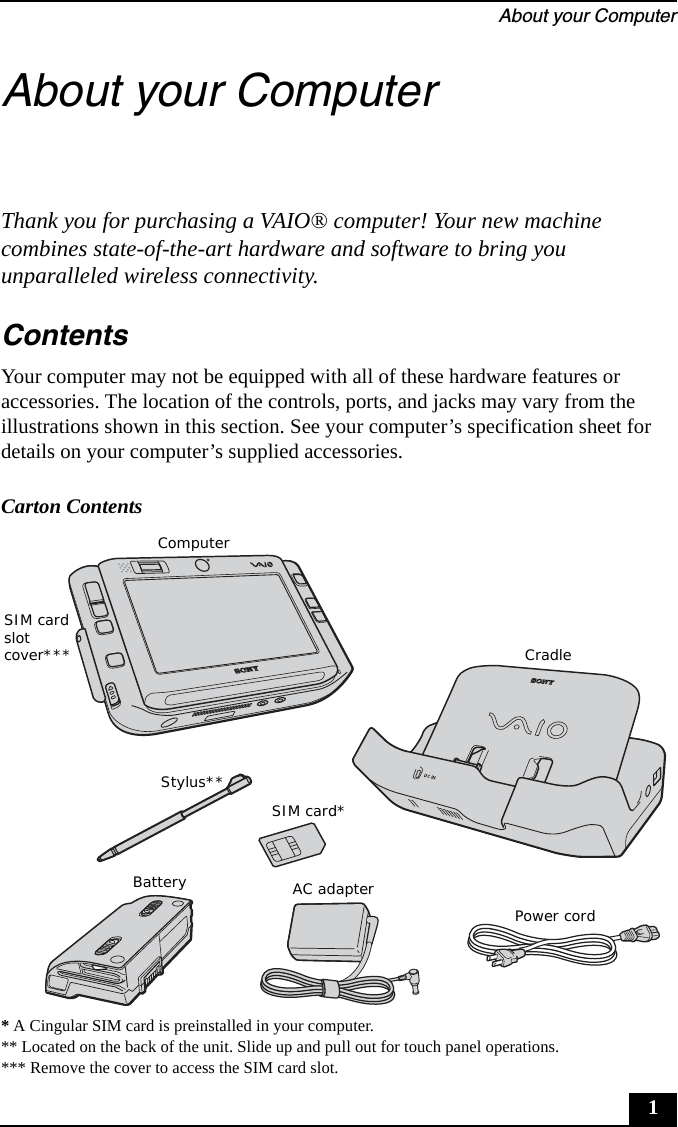 About your Computer1About your ComputerThank you for purchasing a VAIO® computer! Your new machine combines state-of-the-art hardware and software to bring you unparalleled wireless connectivity.ContentsYour computer may not be equipped with all of these hardware features or accessories. The location of the controls, ports, and jacks may vary from the illustrations shown in this section. See your computer’s specification sheet for details on your computer’s supplied accessories.* A Cingular SIM card is preinstalled in your computer.** Located on the back of the unit. Slide up and pull out for touch panel operations.*** Remove the cover to access the SIM card slot.Carton Contents ComputerSIM card*Power cordBattery AC adapterStylus**SIM card  slot cover*** Cradle