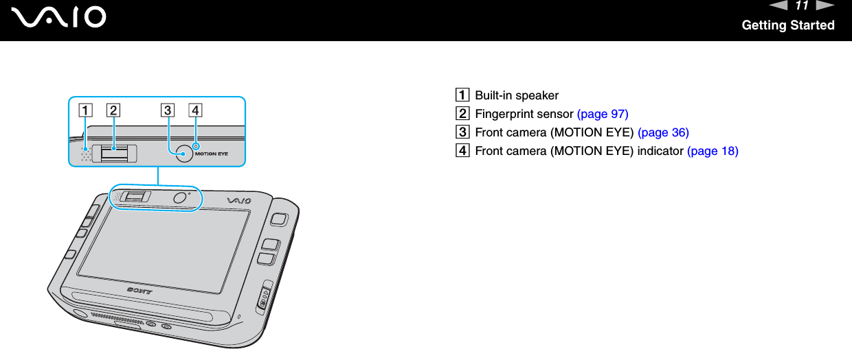 11nNGetting StartedABuilt-in speakerBFingerprint sensor (page 97)CFront camera (MOTION EYE) (page 36)DFront camera (MOTION EYE) indicator (page 18)