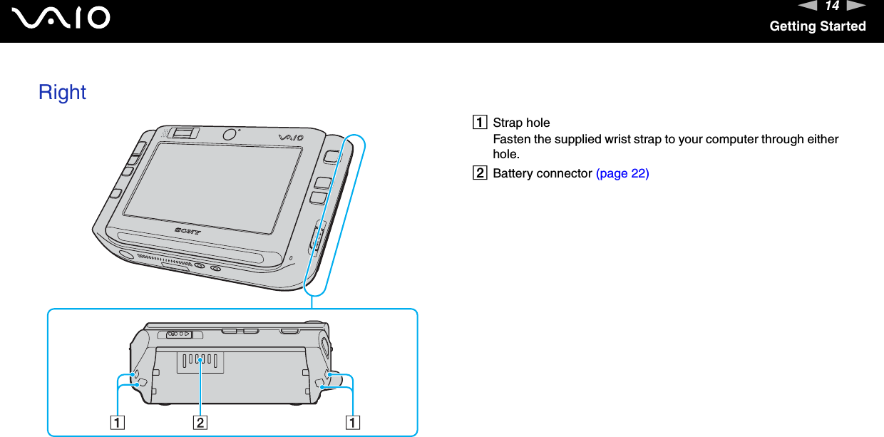 14nNGetting StartedRightAStrap holeFasten the supplied wrist strap to your computer through either hole.BBattery connector (page 22)