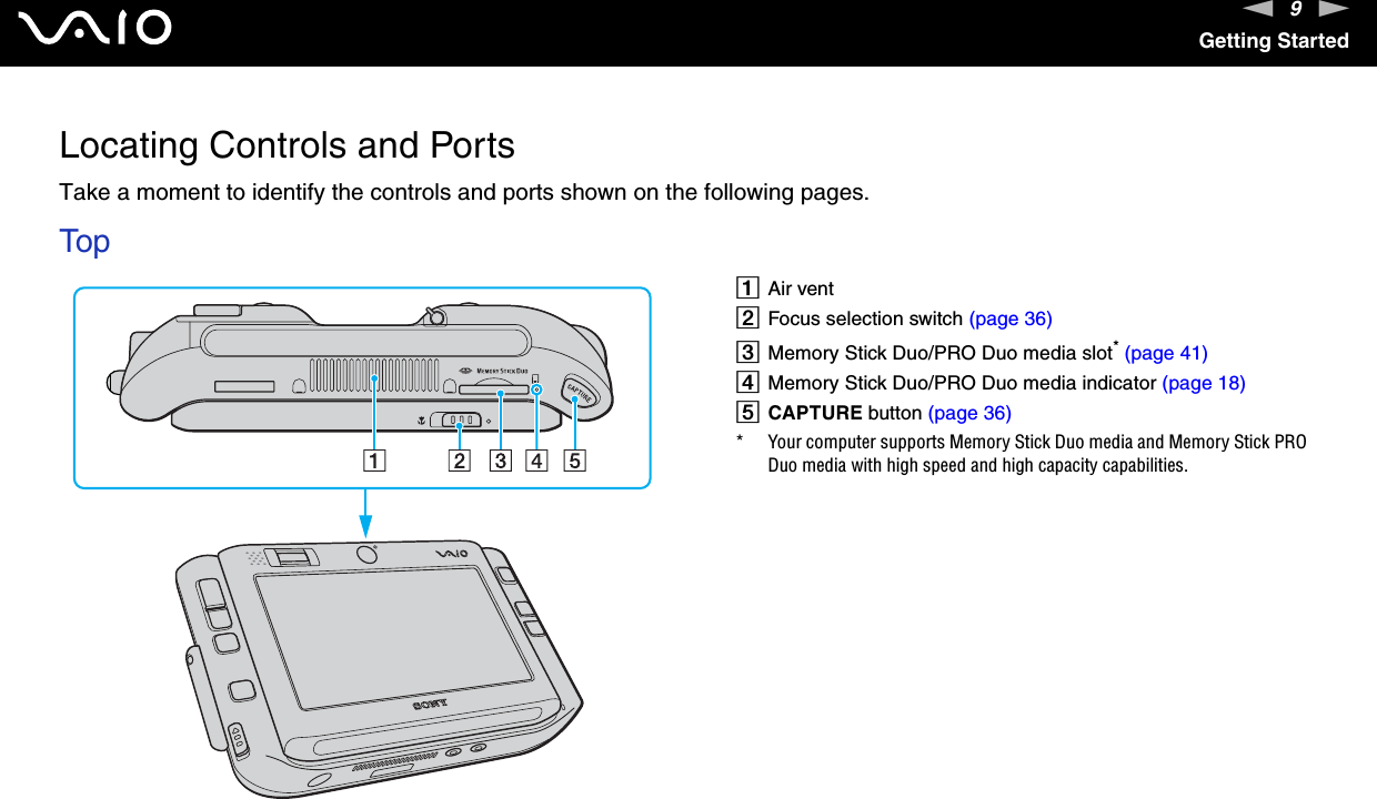 9nNGetting StartedLocating Controls and PortsTake a moment to identify the controls and ports shown on the following pages.TopAAir ventBFocus selection switch (page 36)CMemory Stick Duo/PRO Duo media slot* (page 41)DMemory Stick Duo/PRO Duo media indicator (page 18)ECAPTURE button (page 36)* Your computer supports Memory Stick Duo media and Memory Stick PRO Duo media with high speed and high capacity capabilities.