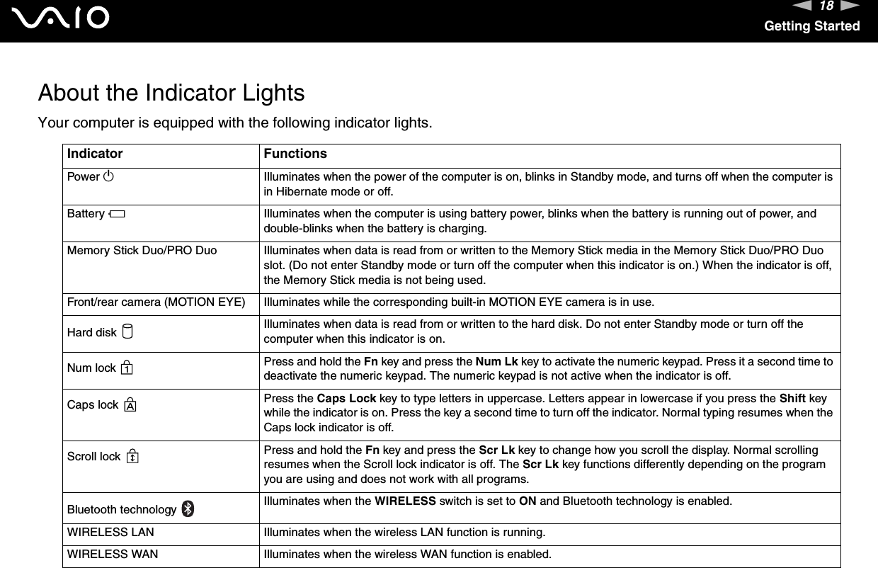 18nNGetting StartedAbout the Indicator LightsYour computer is equipped with the following indicator lights. Indicator FunctionsPower 1Illuminates when the power of the computer is on, blinks in Standby mode, and turns off when the computer is in Hibernate mode or off.Battery eIlluminates when the computer is using battery power, blinks when the battery is running out of power, and double-blinks when the battery is charging.Memory Stick Duo/PRO Duo Illuminates when data is read from or written to the Memory Stick media in the Memory Stick Duo/PRO Duo slot. (Do not enter Standby mode or turn off the computer when this indicator is on.) When the indicator is off, the Memory Stick media is not being used.Front/rear camera (MOTION EYE) Illuminates while the corresponding built-in MOTION EYE camera is in use.Hard disk  Illuminates when data is read from or written to the hard disk. Do not enter Standby mode or turn off the computer when this indicator is on.Num lock  Press and hold the Fn key and press the Num Lk key to activate the numeric keypad. Press it a second time to deactivate the numeric keypad. The numeric keypad is not active when the indicator is off.Caps lock  Press the Caps Lock key to type letters in uppercase. Letters appear in lowercase if you press the Shift key while the indicator is on. Press the key a second time to turn off the indicator. Normal typing resumes when the Caps lock indicator is off.Scroll lock  Press and hold the Fn key and press the Scr Lk key to change how you scroll the display. Normal scrolling resumes when the Scroll lock indicator is off. The Scr Lk key functions differently depending on the program you are using and does not work with all programs. Bluetooth technology  Illuminates when the WIRELESS switch is set to ON and Bluetooth technology is enabled.WIRELESS LAN Illuminates when the wireless LAN function is running.WIRELESS WAN Illuminates when the wireless WAN function is enabled.