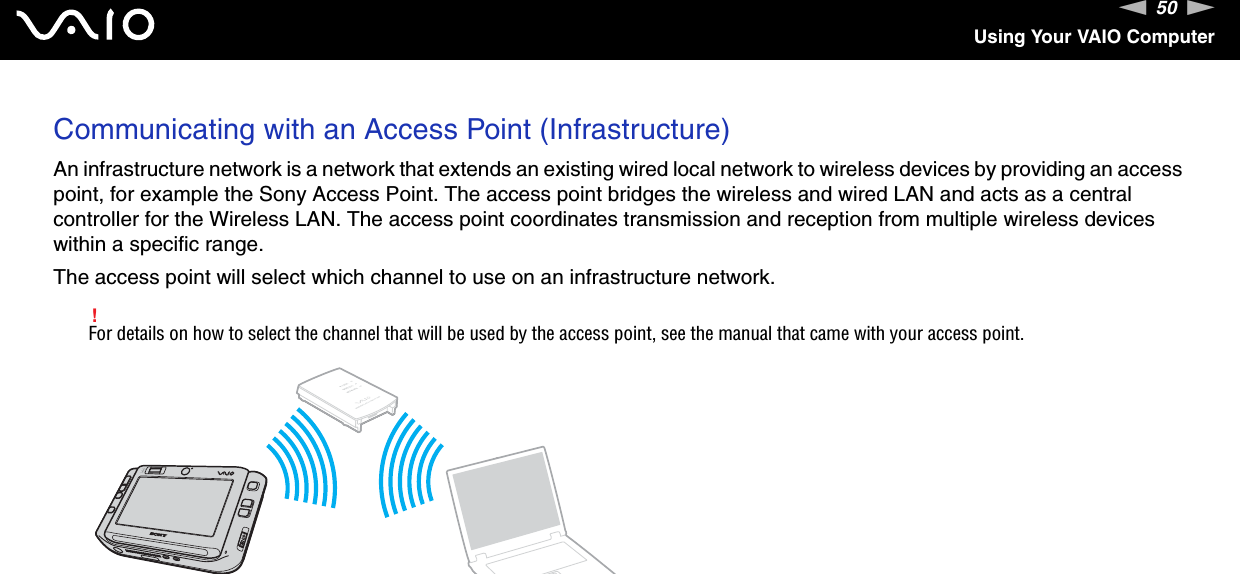 50nNUsing Your VAIO ComputerCommunicating with an Access Point (Infrastructure)An infrastructure network is a network that extends an existing wired local network to wireless devices by providing an access point, for example the Sony Access Point. The access point bridges the wireless and wired LAN and acts as a central controller for the Wireless LAN. The access point coordinates transmission and reception from multiple wireless devices within a specific range.The access point will select which channel to use on an infrastructure network.!For details on how to select the channel that will be used by the access point, see the manual that came with your access point.