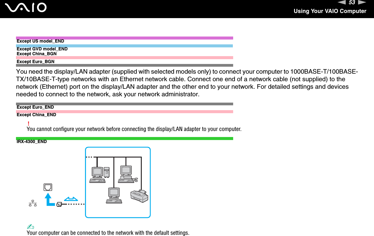 53nNUsing Your VAIO ComputerExcept US model_ENDExcept GVD model_ENDExcept China_BGNExcept Euro_BGNYou need the display/LAN adapter (supplied with selected models only) to connect your computer to 1000BASE-T/100BASE-TX/10BASE-T-type networks with an Ethernet network cable. Connect one end of a network cable (not supplied) to the network (Ethernet) port on the display/LAN adapter and the other end to your network. For detailed settings and devices needed to connect to the network, ask your network administrator.Except Euro_ENDExcept China_END!You cannot configure your network before connecting the display/LAN adapter to your computer.IRX-4300_END✍Your computer can be connected to the network with the default settings.